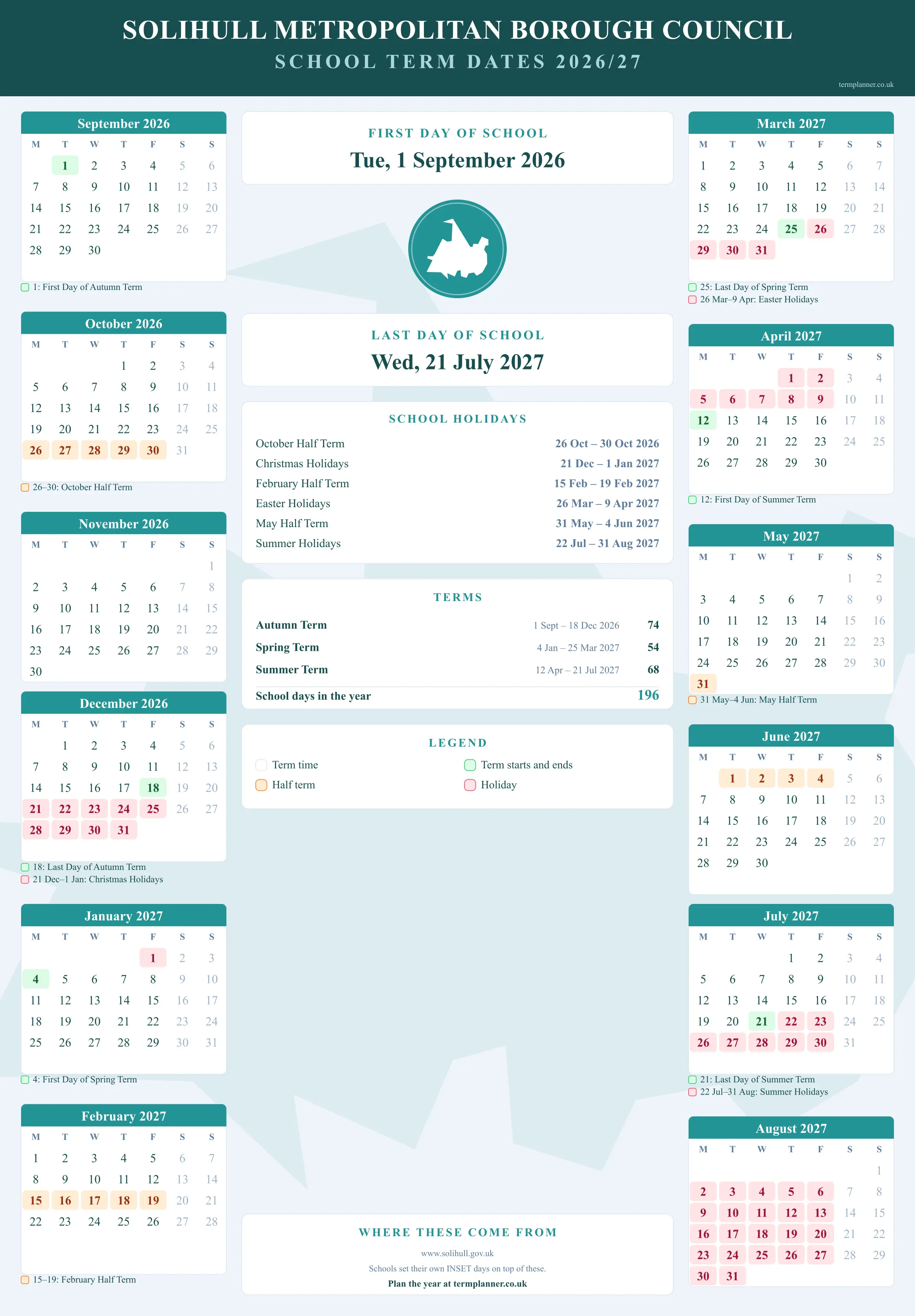 Solihull Metropolitan Borough Council’s 2026/27 school year drawn as a wall calendar: all twelve months from September to August, with autumn term 1 September to 18 December 2026, spring term 4 January to 25 March 2027, summer term 12 April to 21 July 2027. Half terms, holidays and bank holidays are shaded, and each month's dates listed underneath it in words.