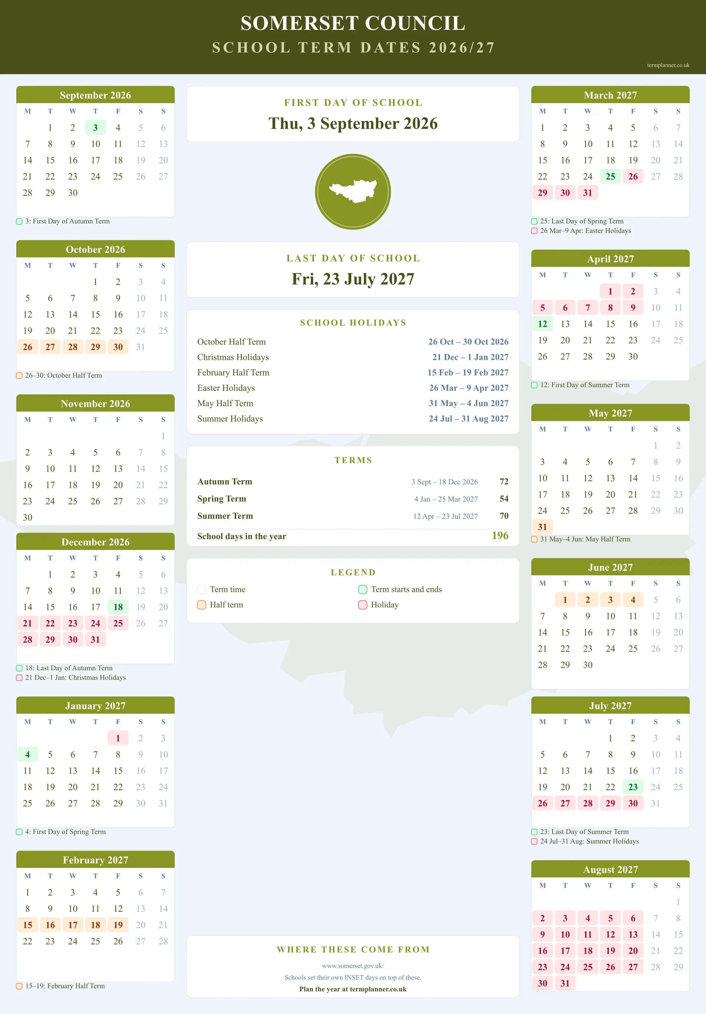 Somerset Council’s 2026/27 school year drawn as a wall calendar: all twelve months from September to August, with autumn term 3 September to 18 December 2026, spring term 4 January to 25 March 2027, summer term 12 April to 23 July 2027. Half terms, holidays and bank holidays are shaded, and each month's dates listed underneath it in words.