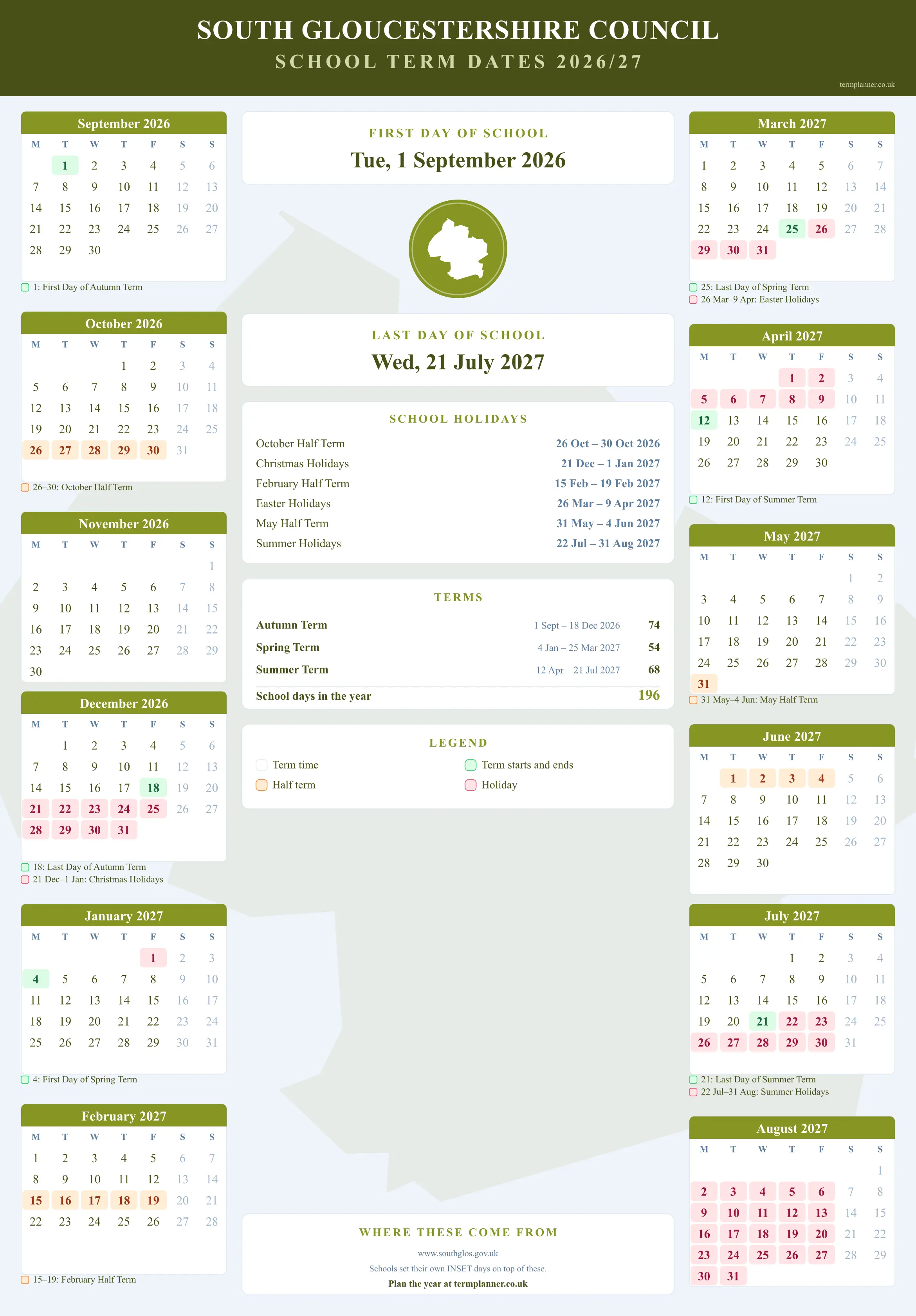 South Gloucestershire Council’s 2026/27 school year drawn as a wall calendar: all twelve months from September to August, with autumn term 1 September to 18 December 2026, spring term 4 January to 25 March 2027, summer term 12 April to 21 July 2027. Half terms, holidays and bank holidays are shaded, and each month's dates listed underneath it in words.