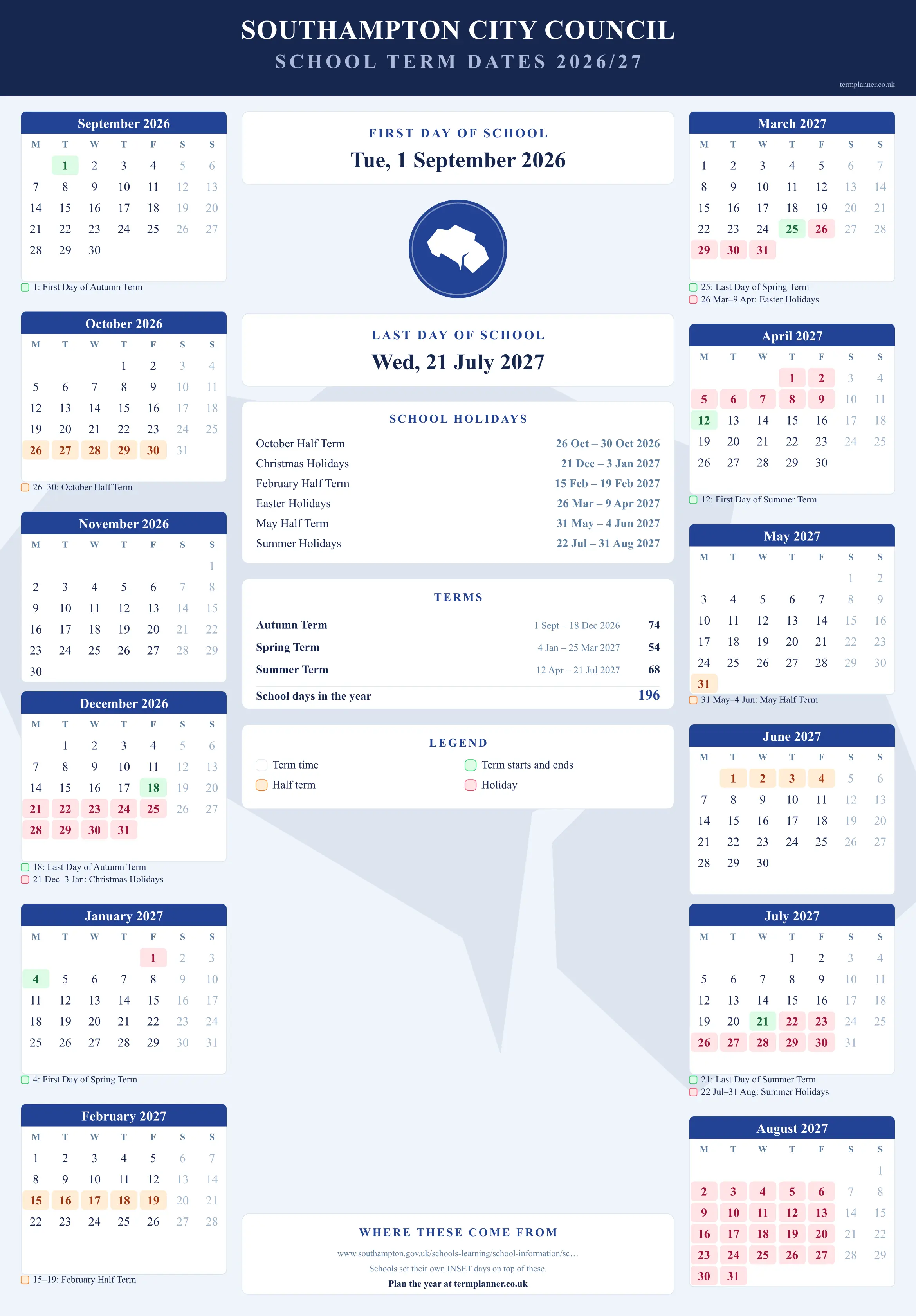 Southampton City Council’s 2026/27 school year drawn as a wall calendar: all twelve months from September to August, with autumn term 1 September to 18 December 2026, spring term 4 January to 25 March 2027, summer term 12 April to 21 July 2027. Half terms, holidays and bank holidays are shaded, and each month's dates listed underneath it in words.