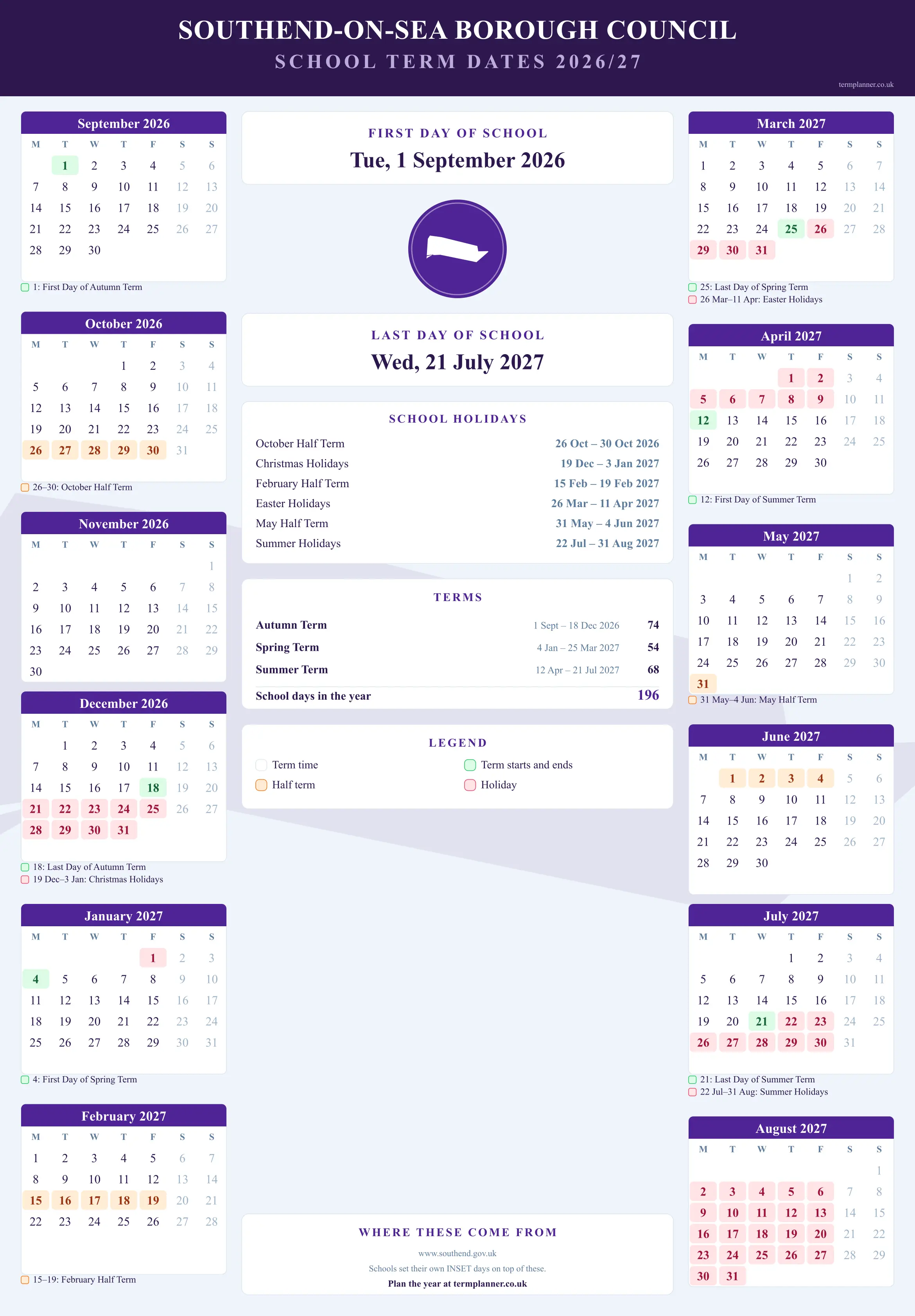 Southend-on-Sea Borough Council’s 2026/27 school year drawn as a wall calendar: all twelve months from September to August, with autumn term 1 September to 18 December 2026, spring term 4 January to 25 March 2027, summer term 12 April to 21 July 2027. Half terms, holidays and bank holidays are shaded, and each month's dates listed underneath it in words.