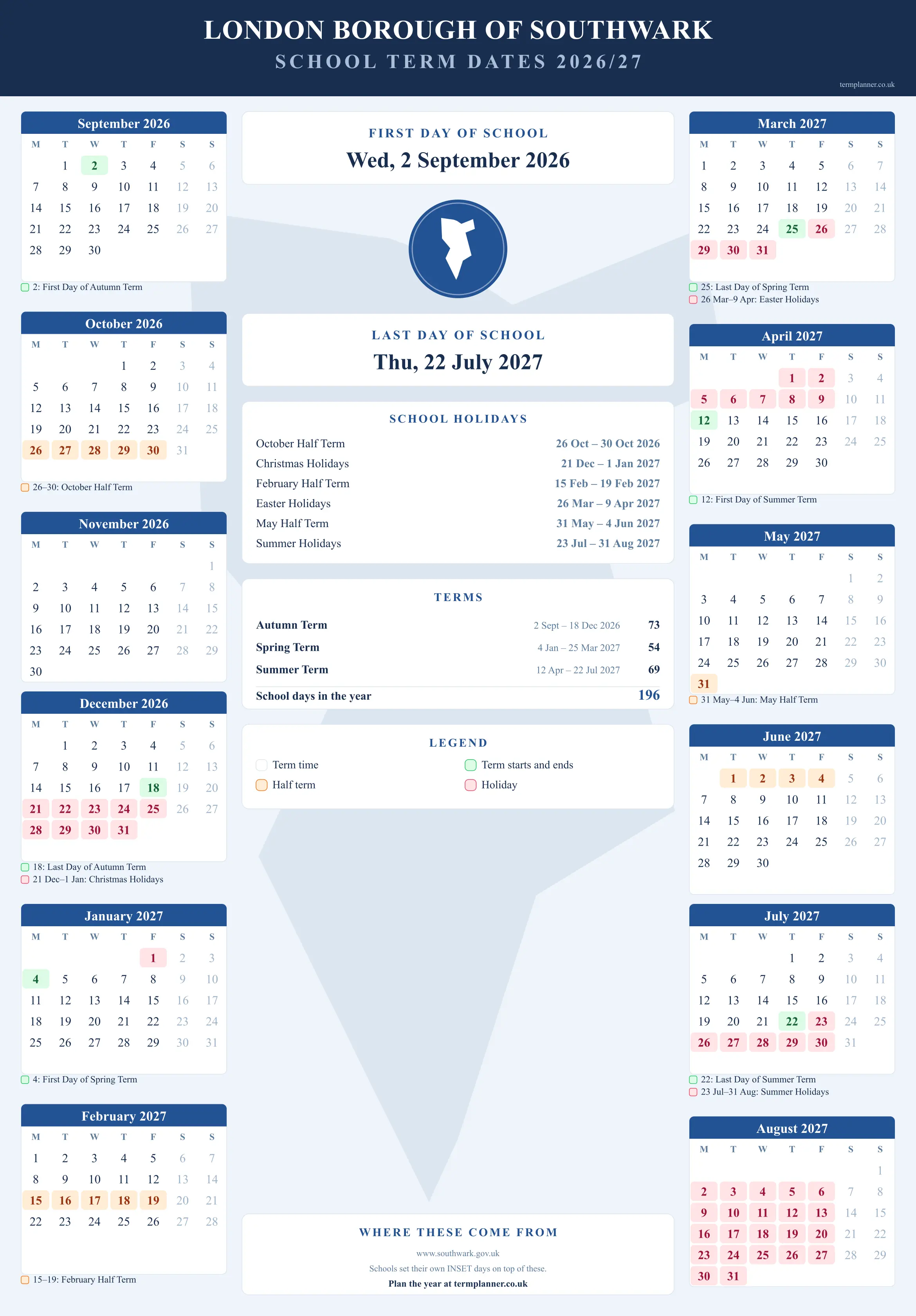 London Borough of Southwark’s 2026/27 school year drawn as a wall calendar: all twelve months from September to August, with autumn term 2 September to 18 December 2026, spring term 4 January to 25 March 2027, summer term 12 April to 22 July 2027. Half terms, holidays and bank holidays are shaded, and each month's dates listed underneath it in words.