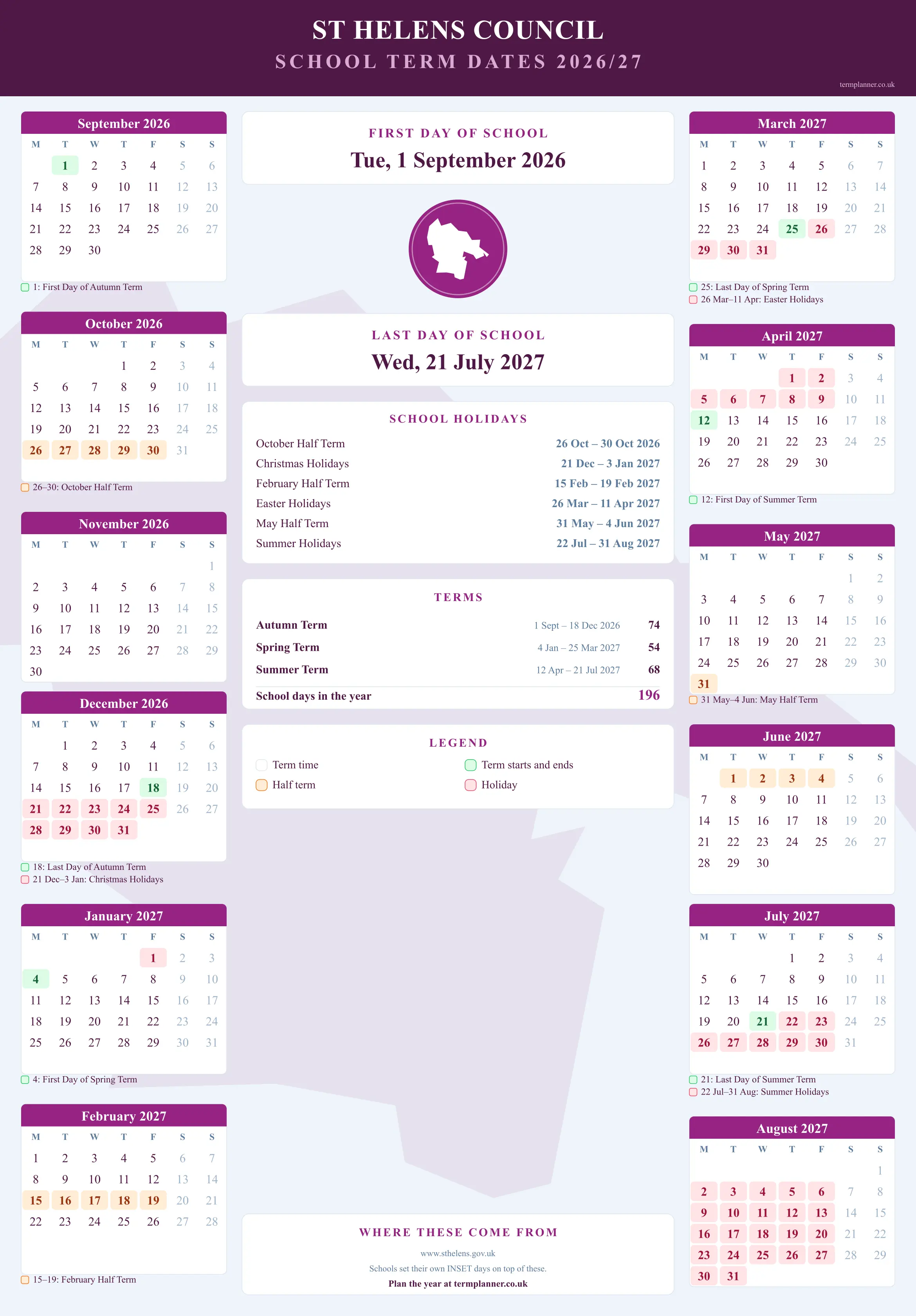 St Helens Council’s 2026/27 school year drawn as a wall calendar: all twelve months from September to August, with autumn term 1 September to 18 December 2026, spring term 4 January to 25 March 2027, summer term 12 April to 21 July 2027. Half terms, holidays and bank holidays are shaded, and each month's dates listed underneath it in words.