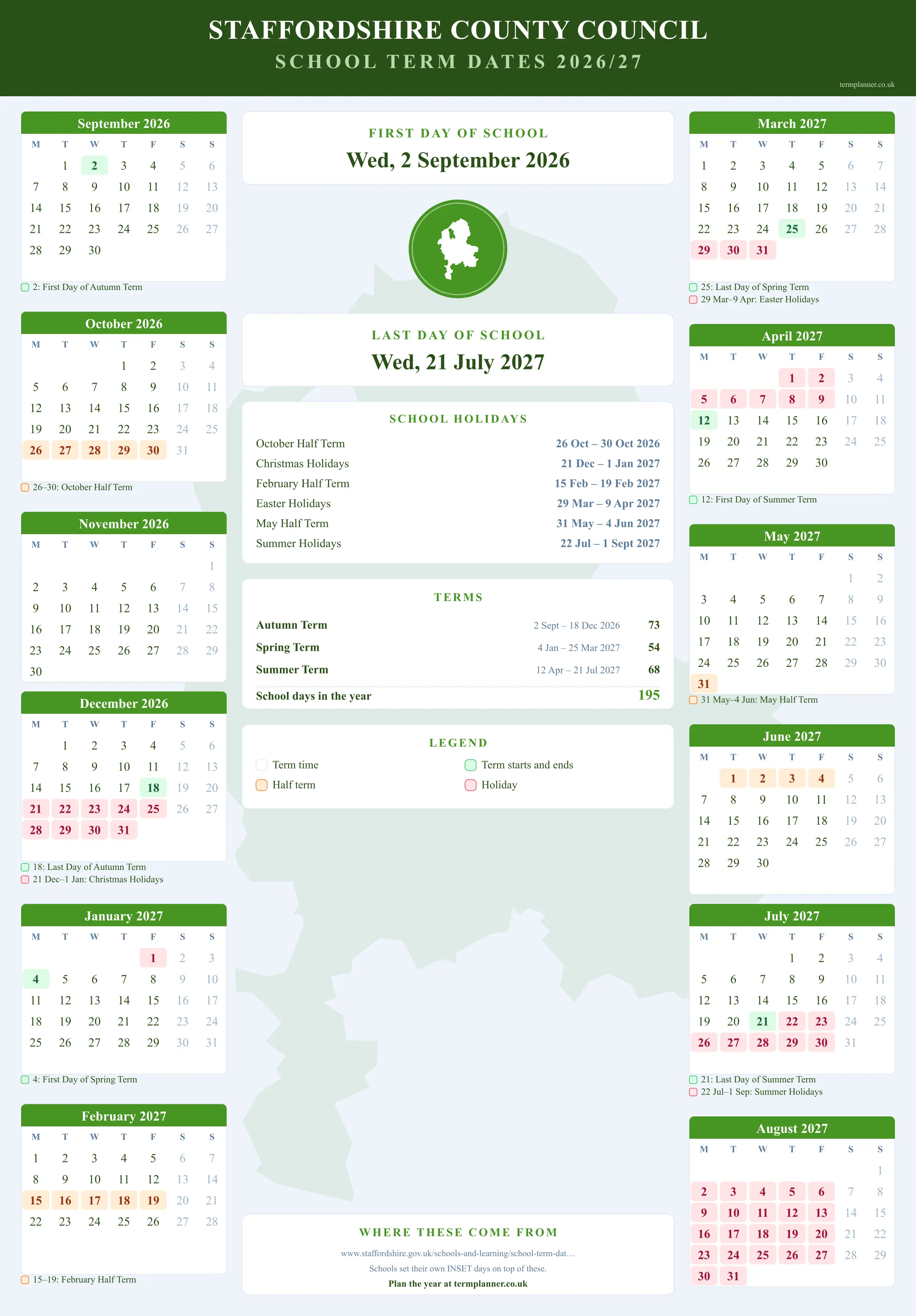 Staffordshire County Council’s 2026/27 school year drawn as a wall calendar: all twelve months from September to August, with autumn term 2 September to 18 December 2026, spring term 4 January to 25 March 2027, summer term 12 April to 21 July 2027. Half terms, holidays and bank holidays are shaded, and each month's dates listed underneath it in words.