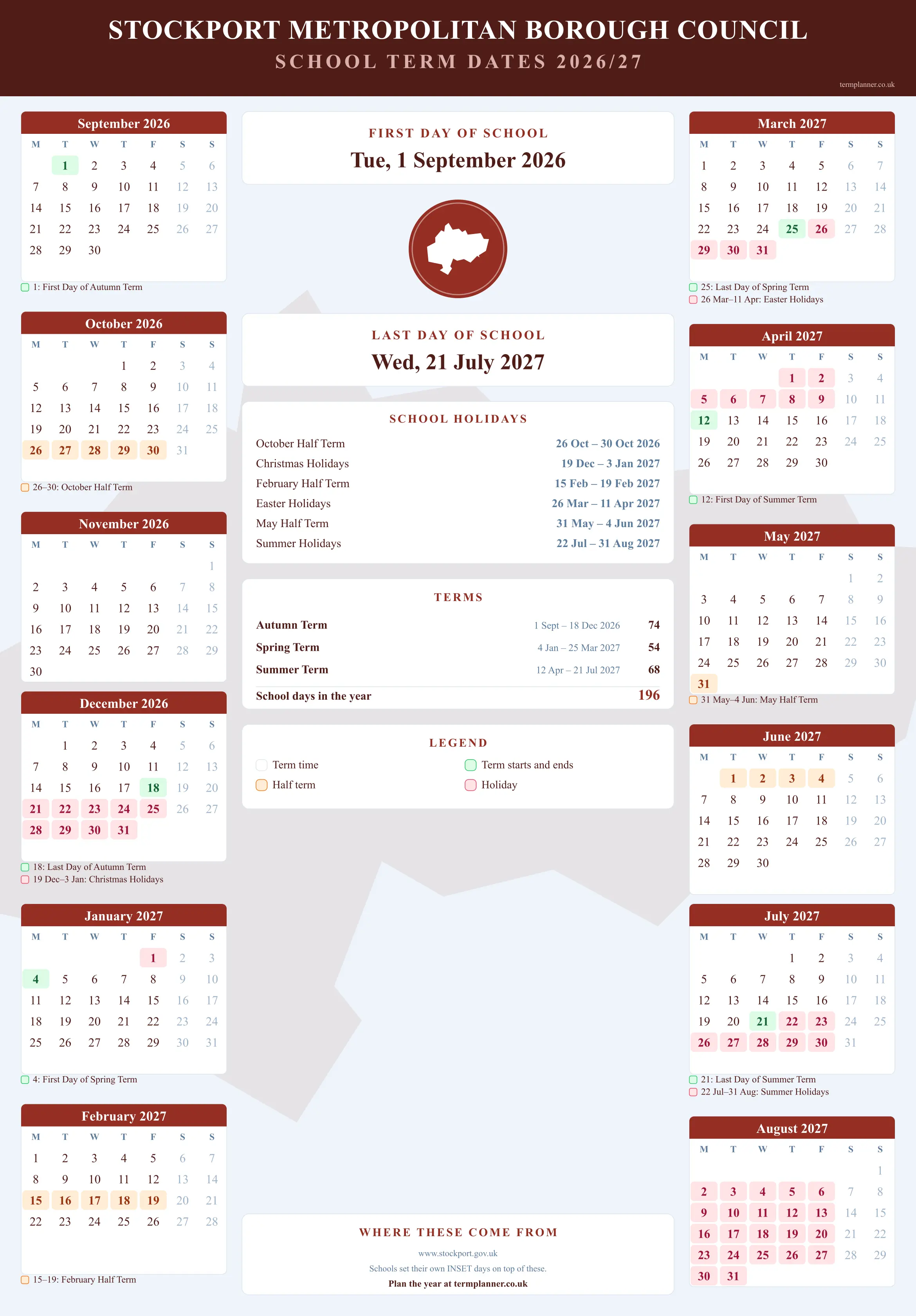 Stockport Metropolitan Borough Council’s 2026/27 school year drawn as a wall calendar: all twelve months from September to August, with autumn term 1 September to 18 December 2026, spring term 4 January to 25 March 2027, summer term 12 April to 21 July 2027. Half terms, holidays and bank holidays are shaded, and each month's dates listed underneath it in words.