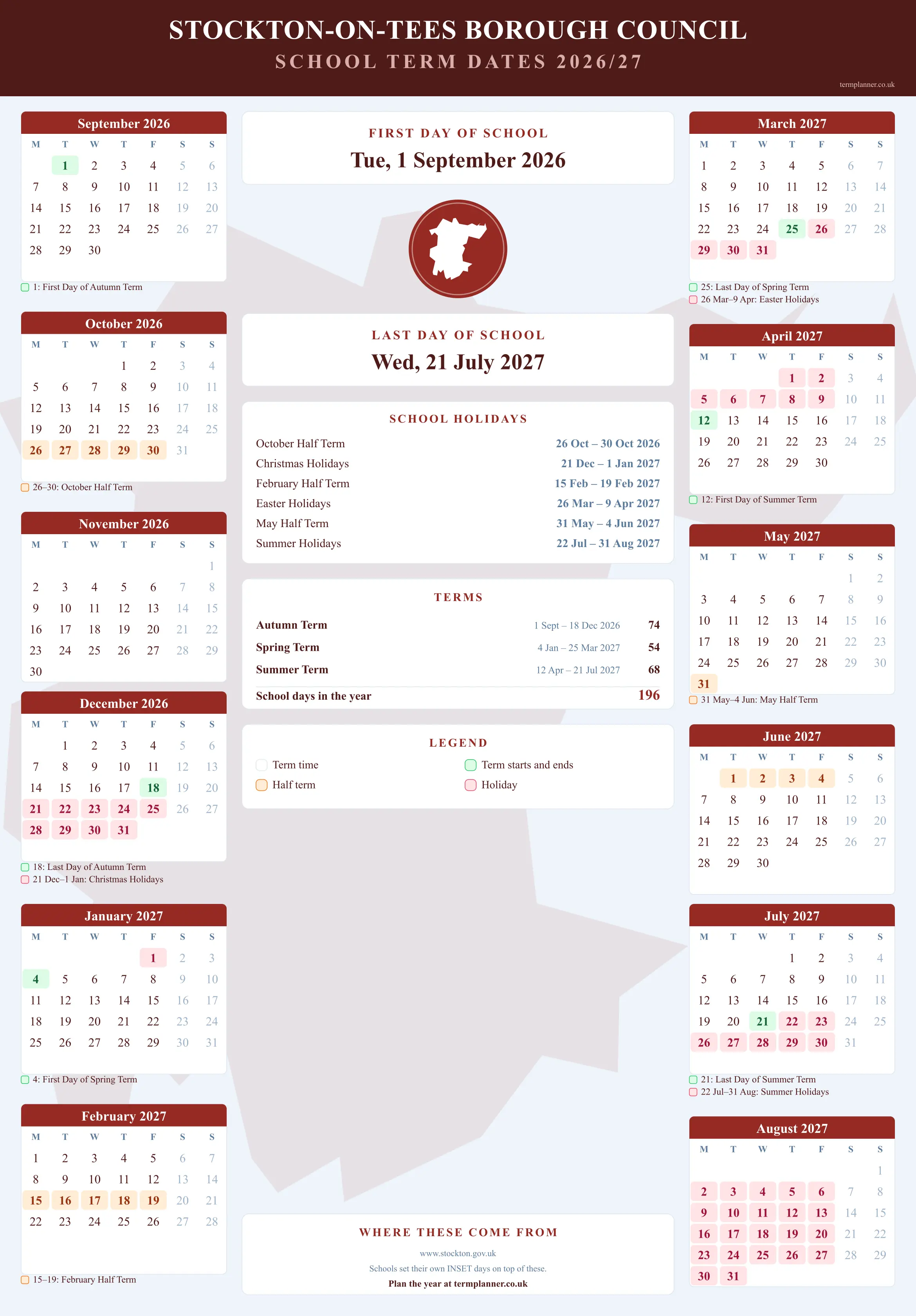 Stockton-on-Tees Borough Council’s 2026/27 school year drawn as a wall calendar: all twelve months from September to August, with autumn term 1 September to 18 December 2026, spring term 4 January to 25 March 2027, summer term 12 April to 21 July 2027. Half terms, holidays and bank holidays are shaded, and each month's dates listed underneath it in words.