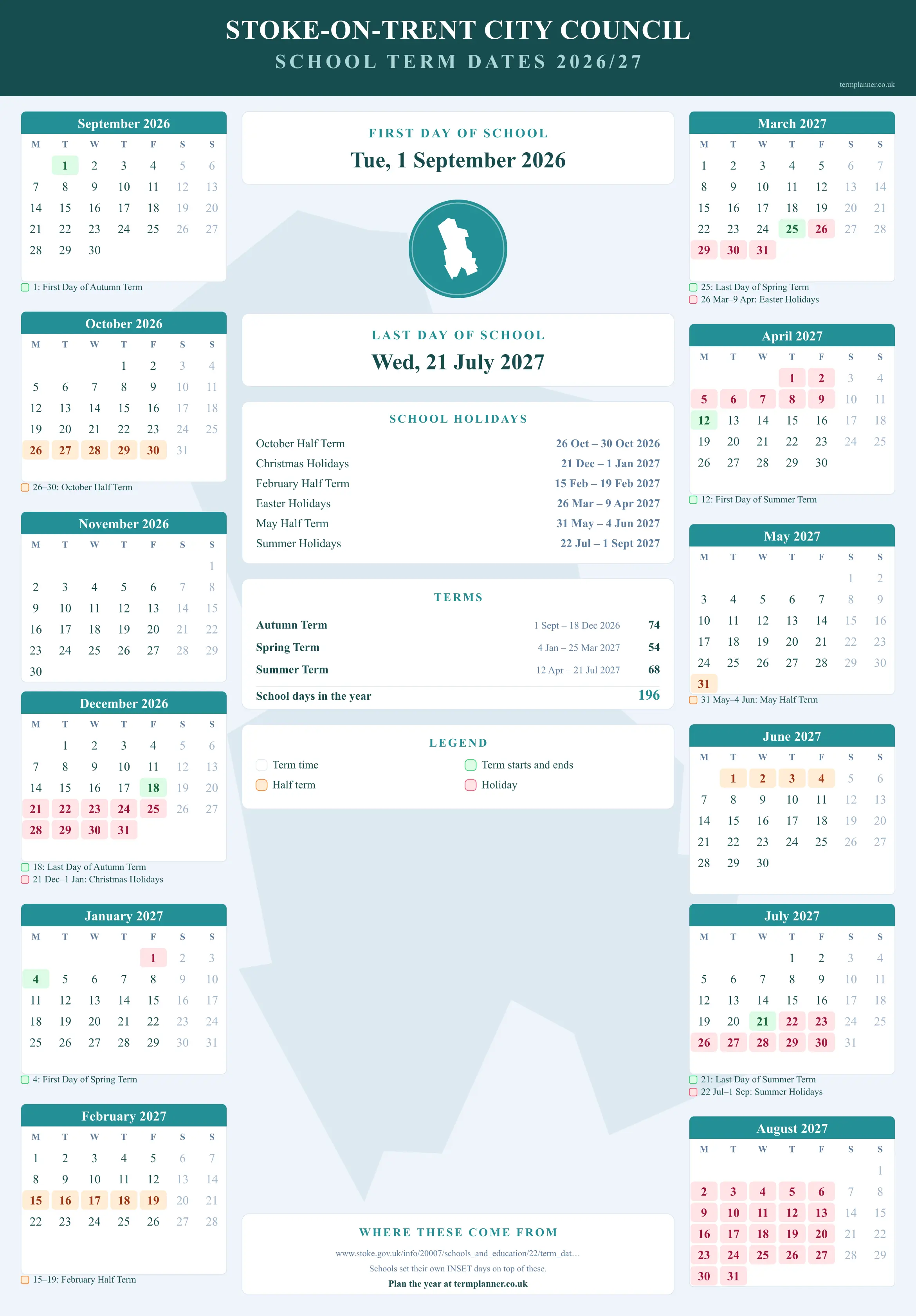 Stoke-on-Trent City Council’s 2026/27 school year drawn as a wall calendar: all twelve months from September to August, with autumn term 1 September to 18 December 2026, spring term 4 January to 25 March 2027, summer term 12 April to 21 July 2027. Half terms, holidays and bank holidays are shaded, and each month's dates listed underneath it in words.