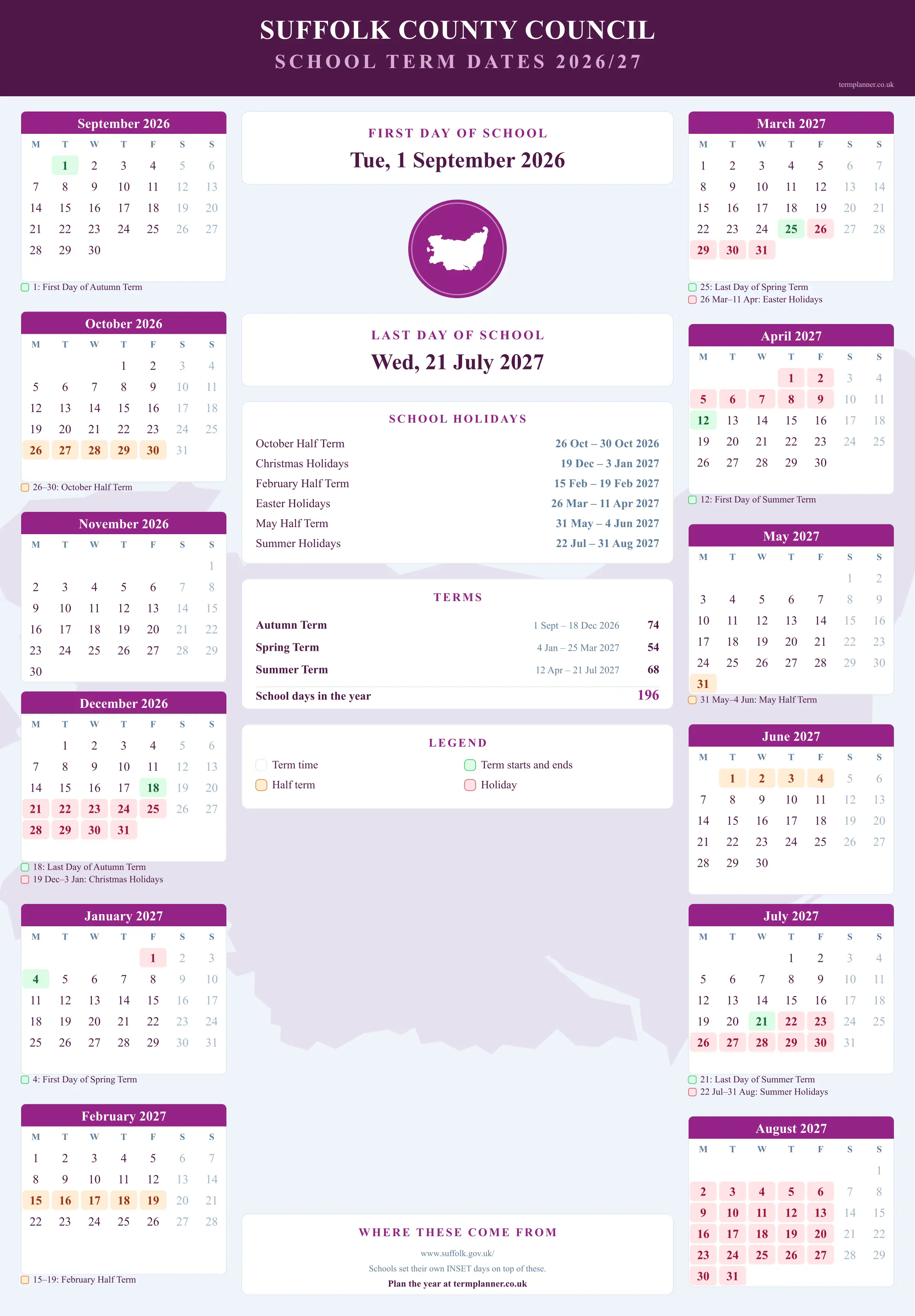 Suffolk County Council’s 2026/27 school year drawn as a wall calendar: all twelve months from September to August, with autumn term 1 September to 18 December 2026, spring term 4 January to 25 March 2027, summer term 12 April to 21 July 2027. Half terms, holidays and bank holidays are shaded, and each month's dates listed underneath it in words.