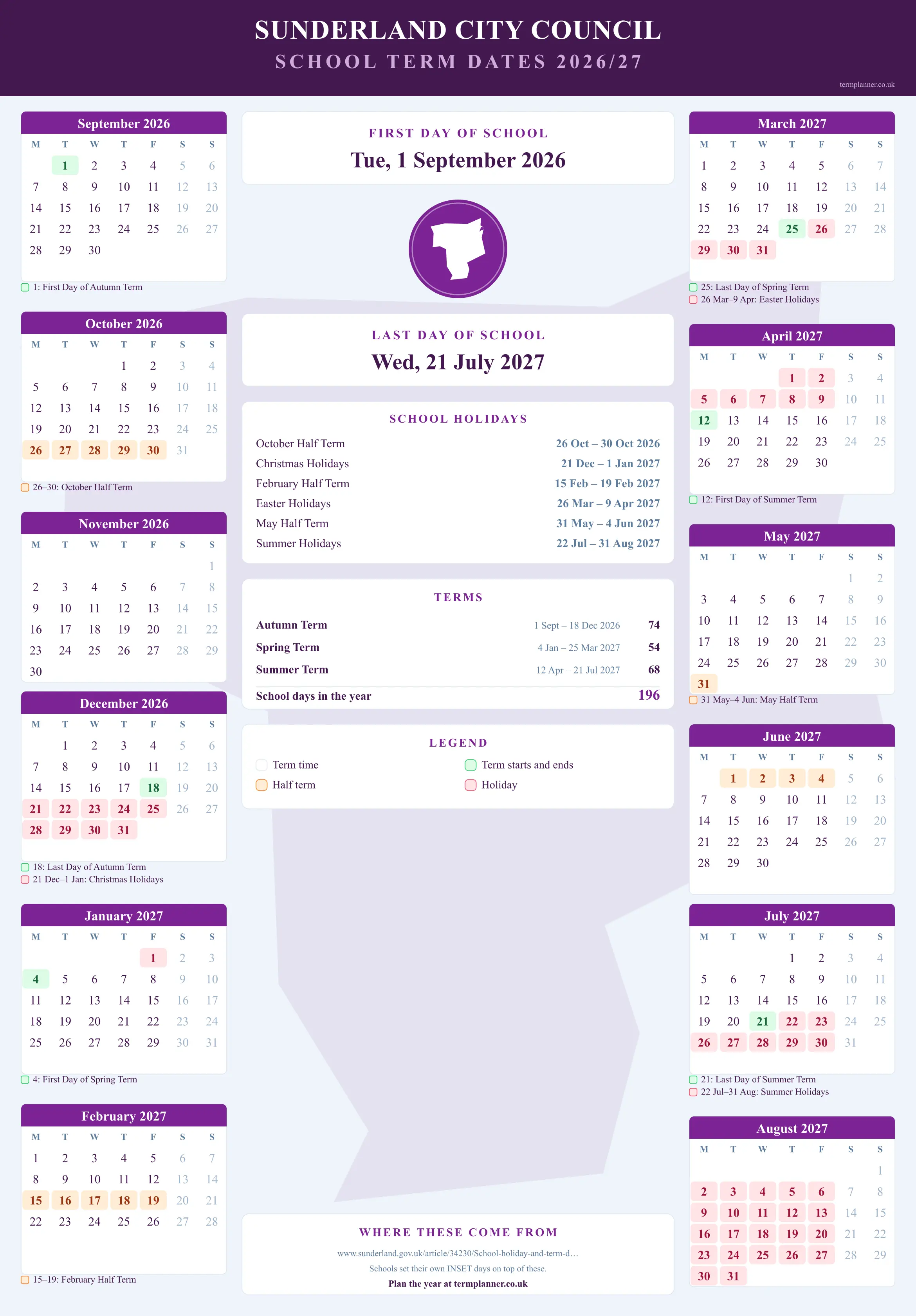 Sunderland City Council’s 2026/27 school year drawn as a wall calendar: all twelve months from September to August, with autumn term 1 September to 18 December 2026, spring term 4 January to 25 March 2027, summer term 12 April to 21 July 2027. Half terms, holidays and bank holidays are shaded, and each month's dates listed underneath it in words.