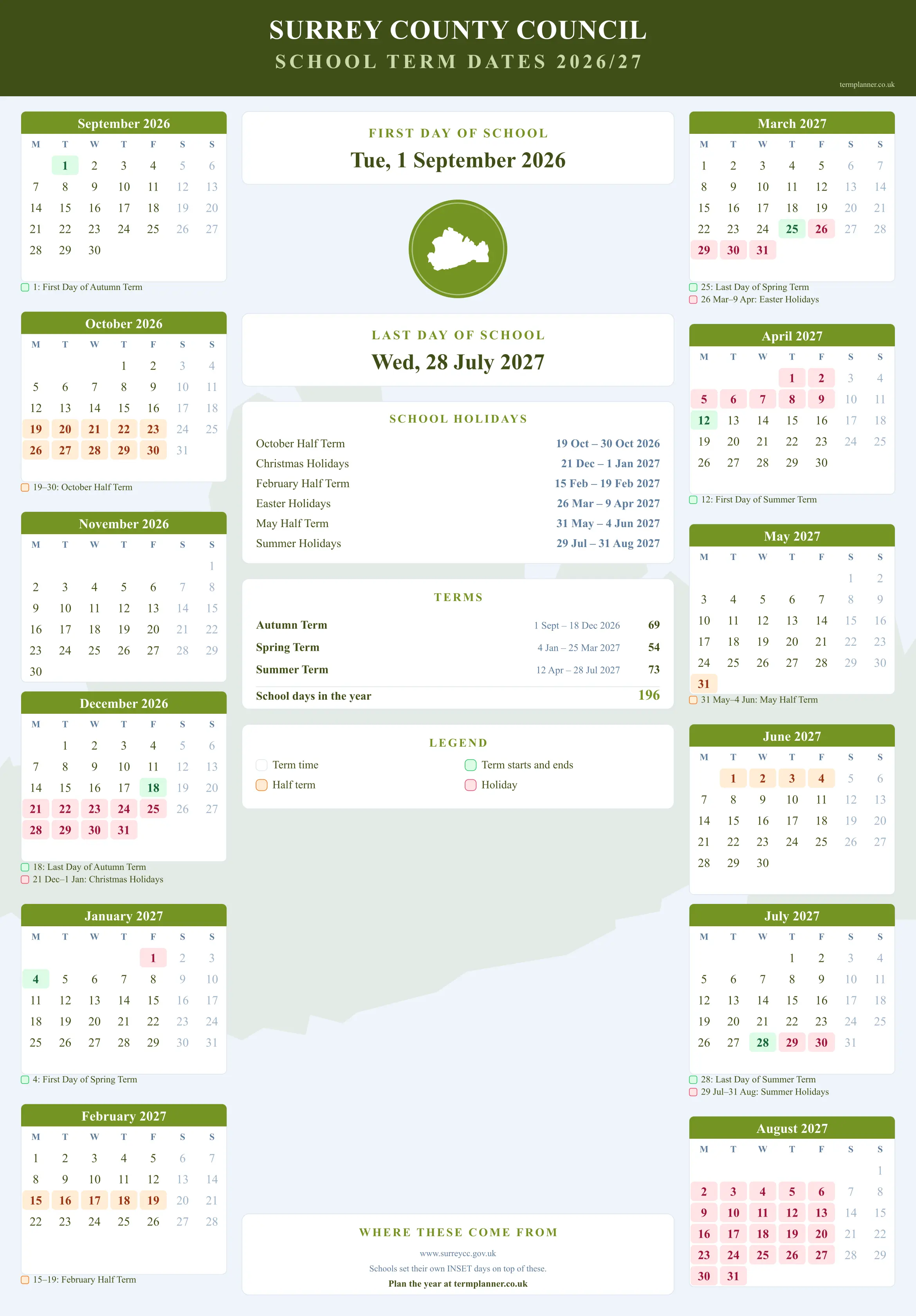 Surrey County Council’s 2026/27 school year drawn as a wall calendar: all twelve months from September to August, with autumn term 1 September to 18 December 2026, spring term 4 January to 25 March 2027, summer term 12 April to 28 July 2027. Half terms, holidays and bank holidays are shaded, and each month's dates listed underneath it in words.