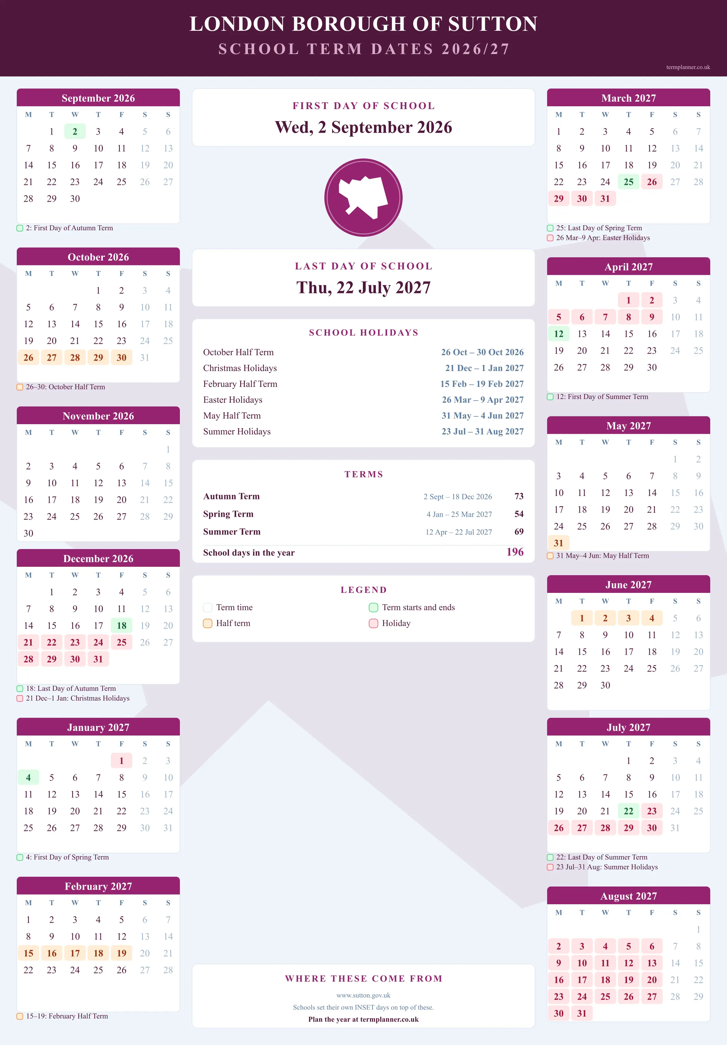 London Borough of Sutton’s 2026/27 school year drawn as a wall calendar: all twelve months from September to August, with autumn term 2 September to 18 December 2026, spring term 4 January to 25 March 2027, summer term 12 April to 22 July 2027. Half terms, holidays and bank holidays are shaded, and each month's dates listed underneath it in words.
