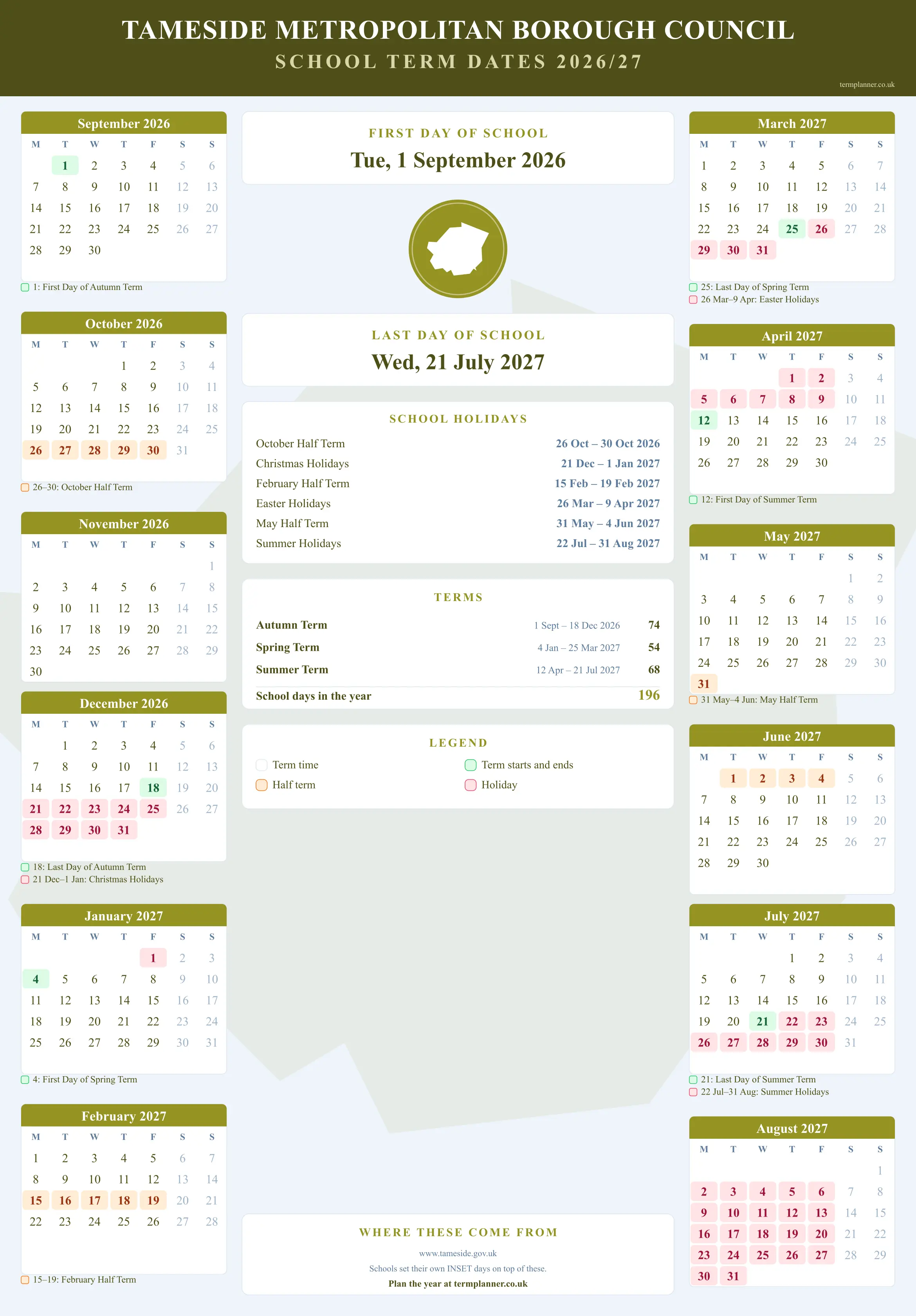 Tameside Metropolitan Borough Council’s 2026/27 school year drawn as a wall calendar: all twelve months from September to August, with autumn term 1 September to 18 December 2026, spring term 4 January to 25 March 2027, summer term 12 April to 21 July 2027. Half terms, holidays and bank holidays are shaded, and each month's dates listed underneath it in words.