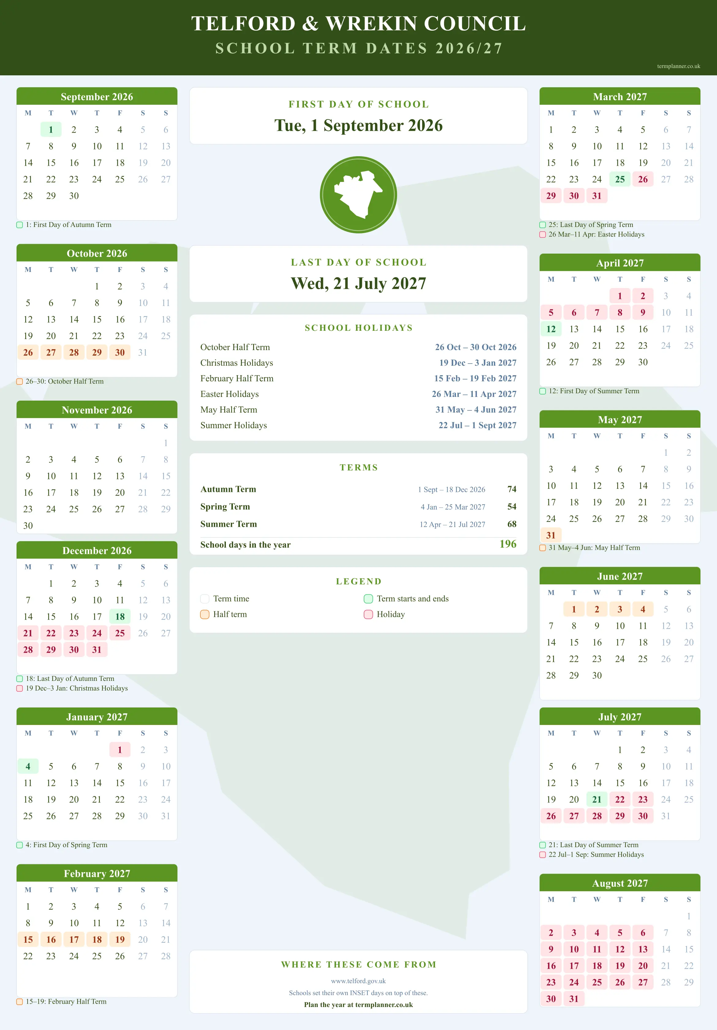 Telford & Wrekin Council’s 2026/27 school year drawn as a wall calendar: all twelve months from September to August, with autumn term 1 September to 18 December 2026, spring term 4 January to 25 March 2027, summer term 12 April to 21 July 2027. Half terms, holidays and bank holidays are shaded, and each month's dates listed underneath it in words.