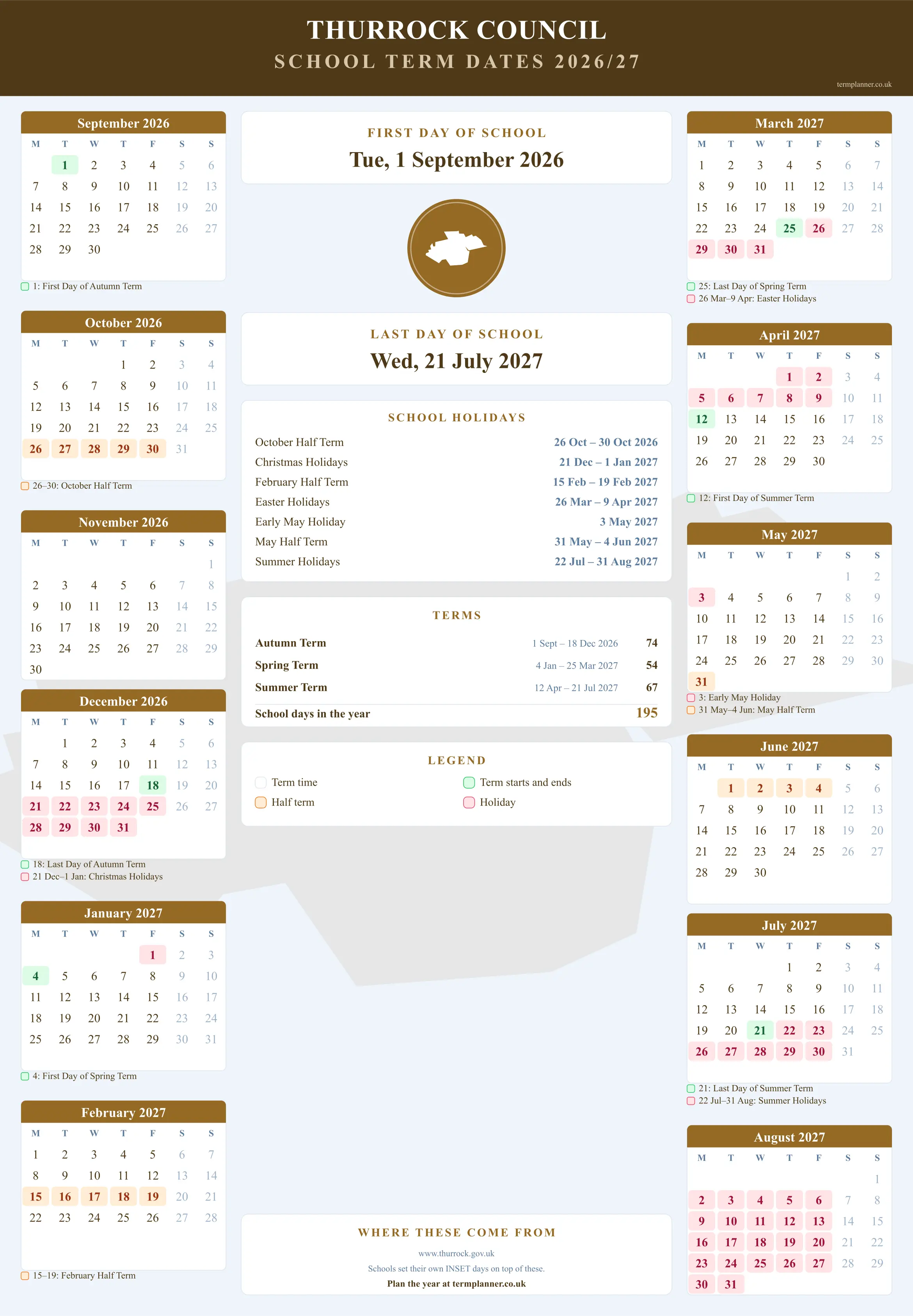 Thurrock Council’s 2026/27 school year drawn as a wall calendar: all twelve months from September to August, with autumn term 1 September to 18 December 2026, spring term 4 January to 25 March 2027, summer term 12 April to 21 July 2027. Half terms, holidays and bank holidays are shaded, and each month's dates listed underneath it in words.