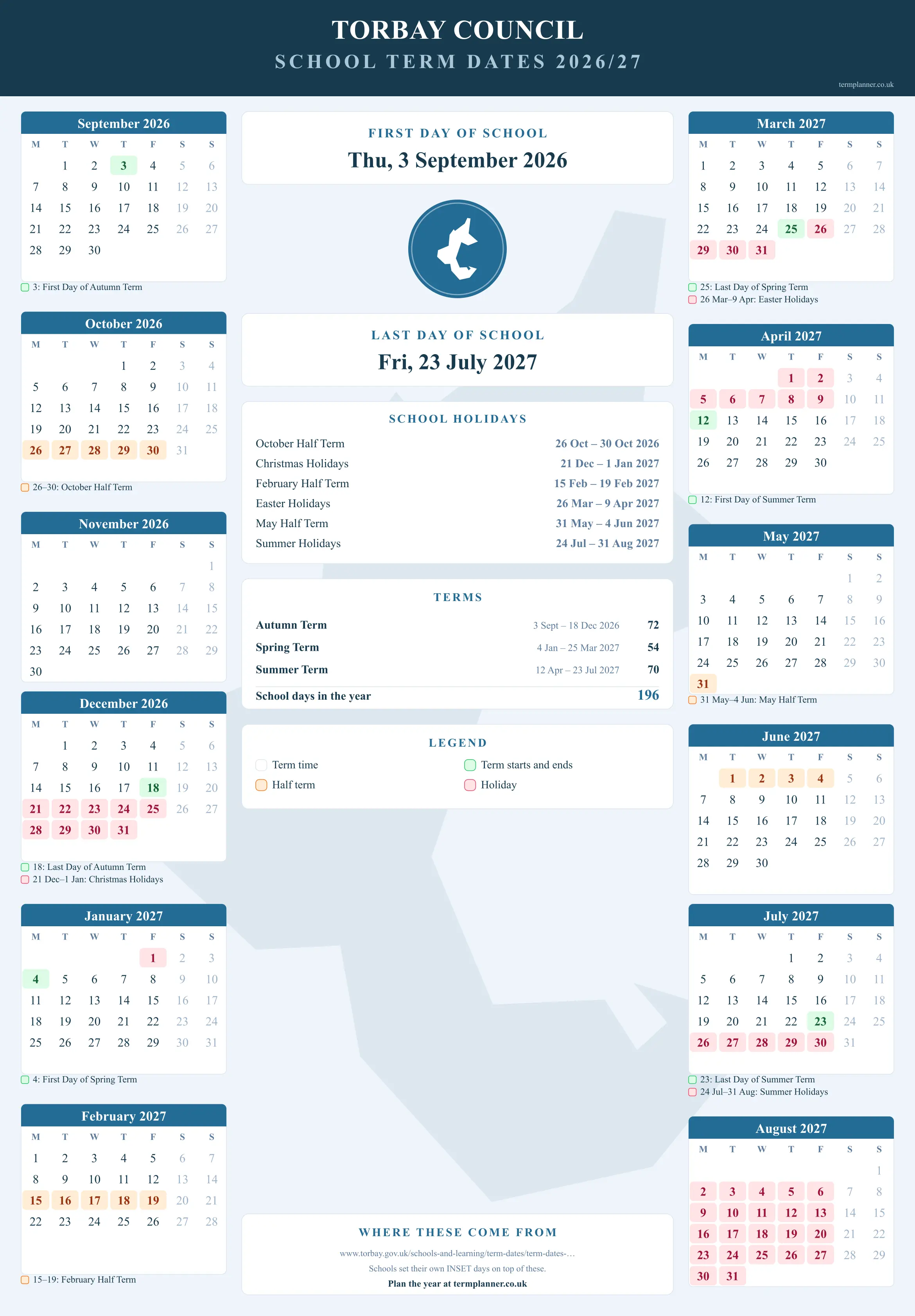 Torbay Council’s 2026/27 school year drawn as a wall calendar: all twelve months from September to August, with autumn term 3 September to 18 December 2026, spring term 4 January to 25 March 2027, summer term 12 April to 23 July 2027. Half terms, holidays and bank holidays are shaded, and each month's dates listed underneath it in words.