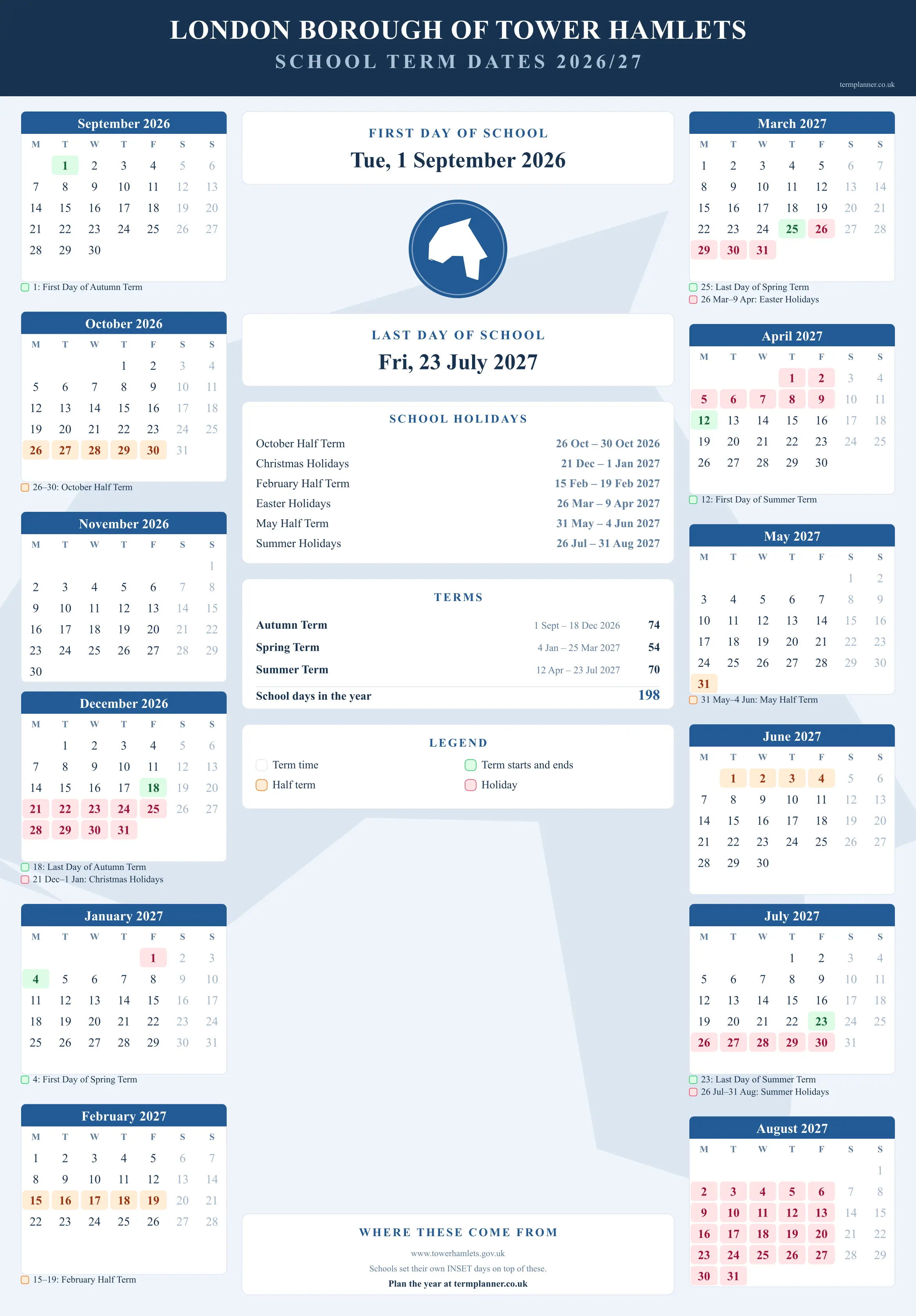 London Borough of Tower Hamlets’s 2026/27 school year drawn as a wall calendar: all twelve months from September to August, with autumn term 1 September to 18 December 2026, spring term 4 January to 25 March 2027, summer term 12 April to 23 July 2027. Half terms, holidays and bank holidays are shaded, and each month's dates listed underneath it in words.