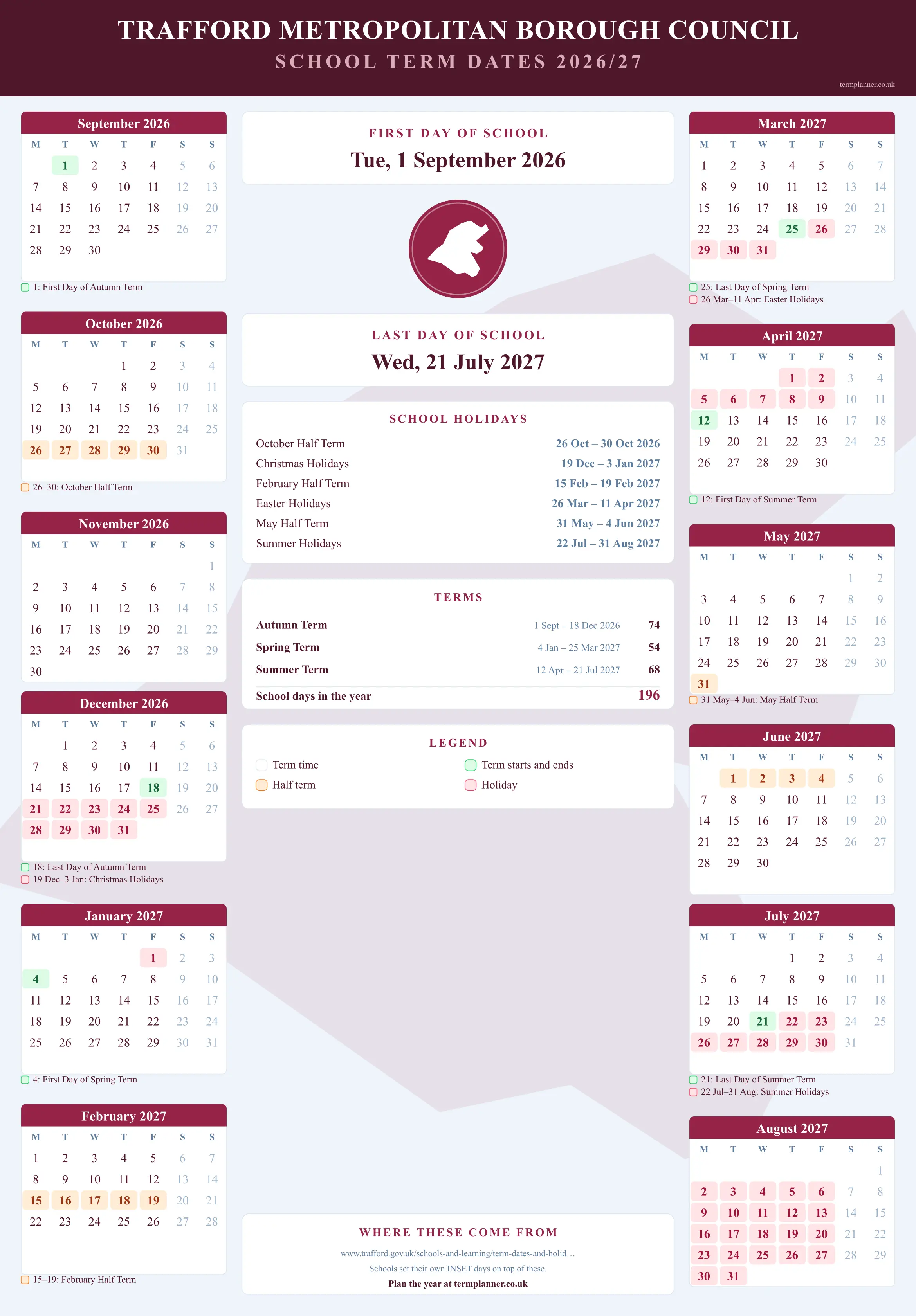 Trafford Metropolitan Borough Council’s 2026/27 school year drawn as a wall calendar: all twelve months from September to August, with autumn term 1 September to 18 December 2026, spring term 4 January to 25 March 2027, summer term 12 April to 21 July 2027. Half terms, holidays and bank holidays are shaded, and each month's dates listed underneath it in words.