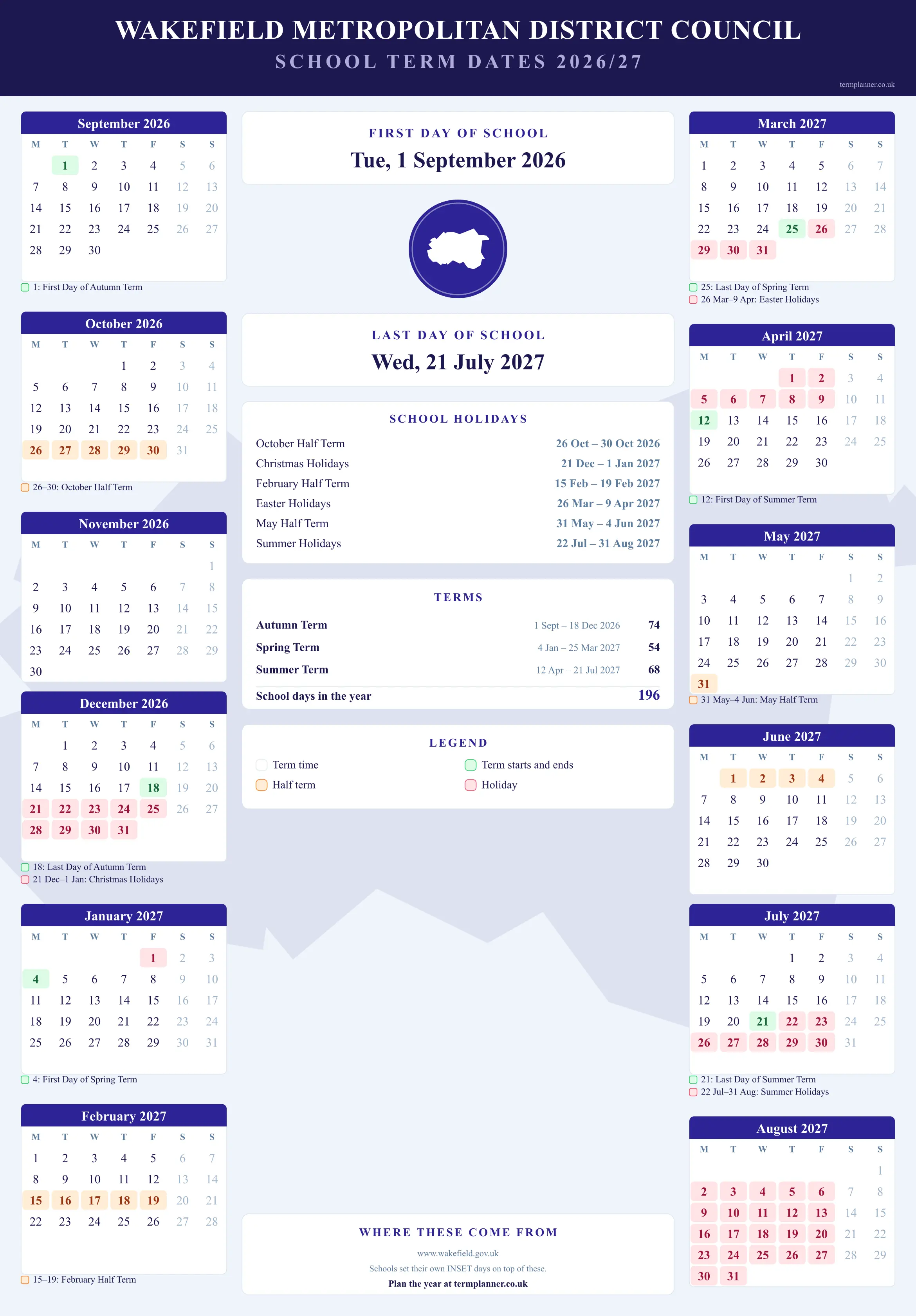 Wakefield Metropolitan District Council’s 2026/27 school year drawn as a wall calendar: all twelve months from September to August, with autumn term 1 September to 18 December 2026, spring term 4 January to 25 March 2027, summer term 12 April to 21 July 2027. Half terms, holidays and bank holidays are shaded, and each month's dates listed underneath it in words.