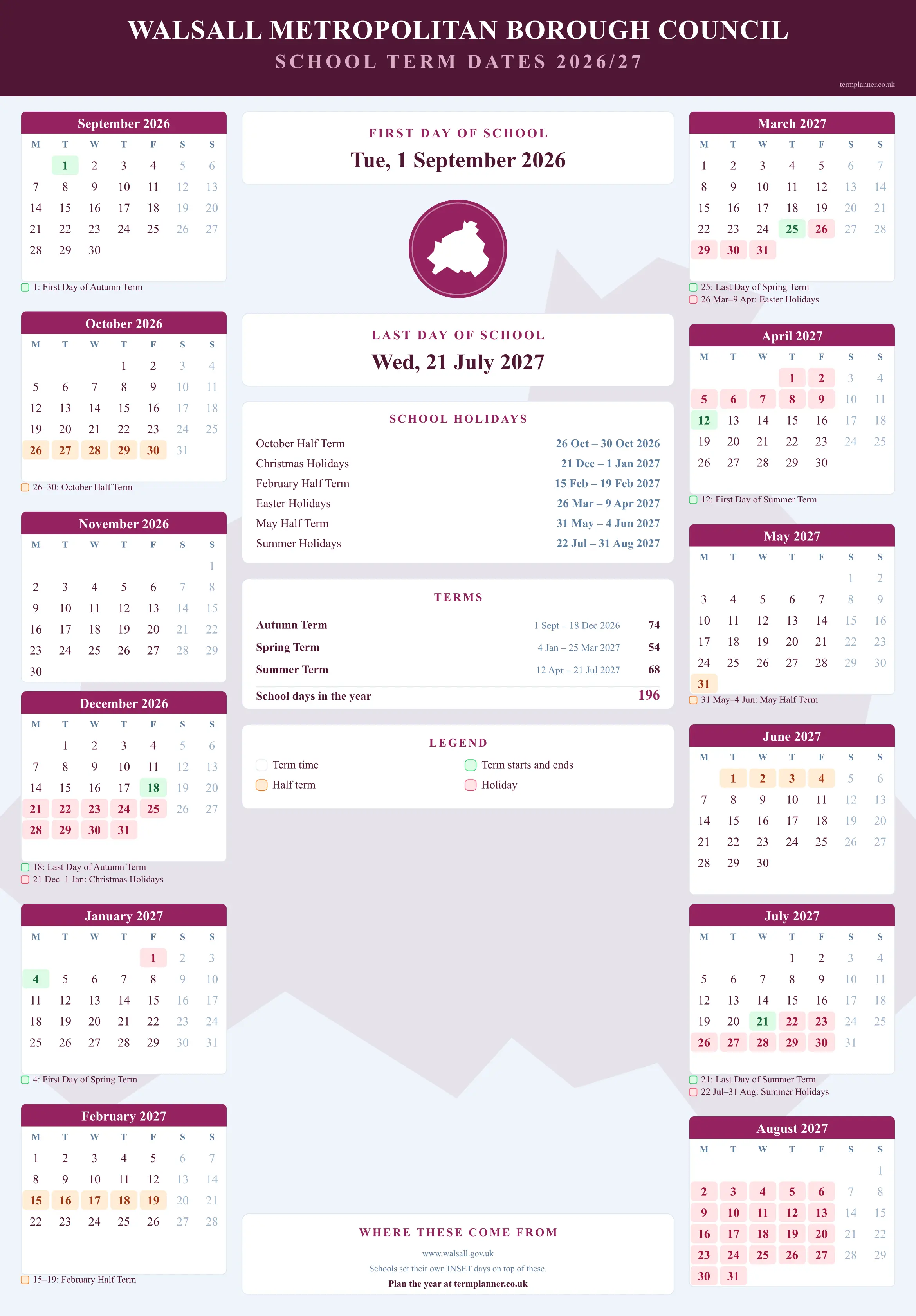 Walsall Metropolitan Borough Council’s 2026/27 school year drawn as a wall calendar: all twelve months from September to August, with autumn term 1 September to 18 December 2026, spring term 4 January to 25 March 2027, summer term 12 April to 21 July 2027. Half terms, holidays and bank holidays are shaded, and each month's dates listed underneath it in words.