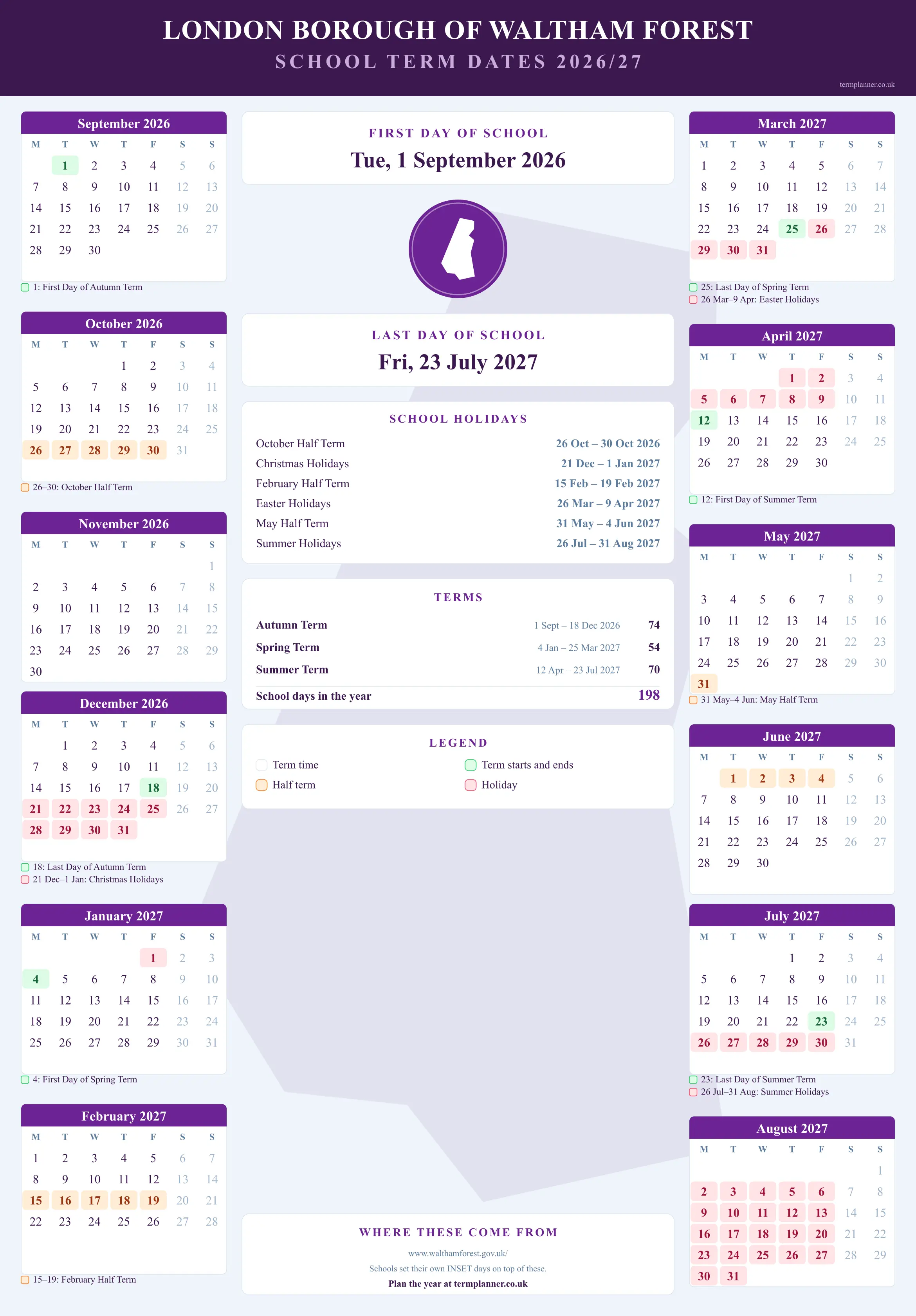 London Borough of Waltham Forest’s 2026/27 school year drawn as a wall calendar: all twelve months from September to August, with autumn term 1 September to 18 December 2026, spring term 4 January to 25 March 2027, summer term 12 April to 23 July 2027. Half terms, holidays and bank holidays are shaded, and each month's dates listed underneath it in words.