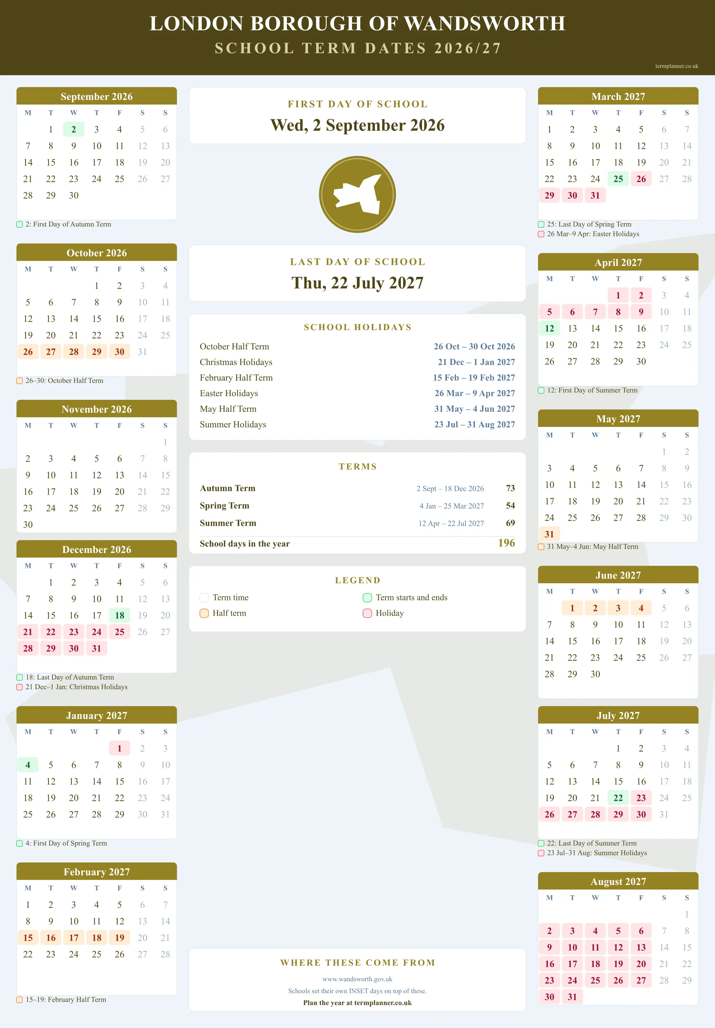 London Borough of Wandsworth’s 2026/27 school year drawn as a wall calendar: all twelve months from September to August, with autumn term 2 September to 18 December 2026, spring term 4 January to 25 March 2027, summer term 12 April to 22 July 2027. Half terms, holidays and bank holidays are shaded, and each month's dates listed underneath it in words.