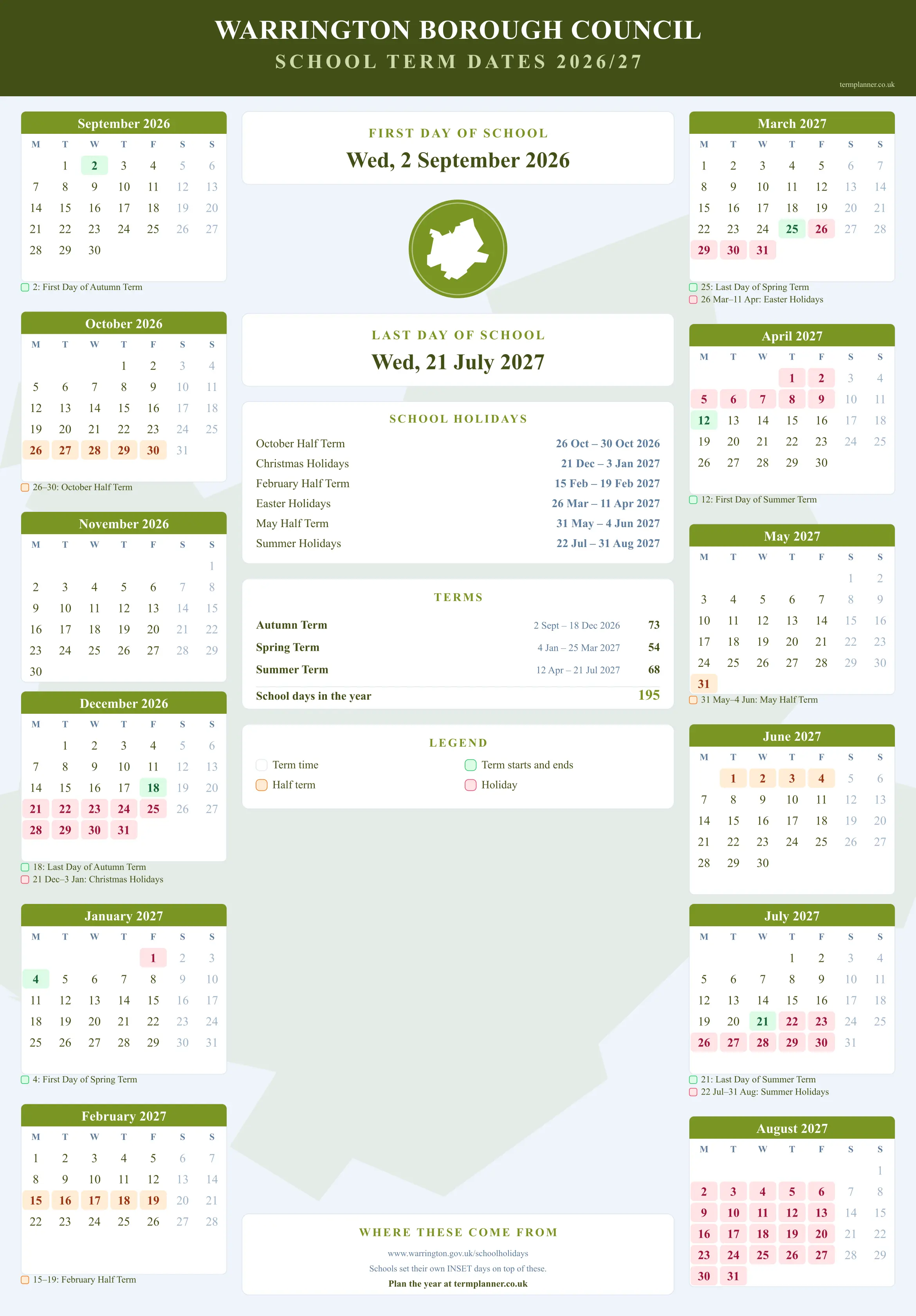 Warrington Borough Council’s 2026/27 school year drawn as a wall calendar: all twelve months from September to August, with autumn term 2 September to 18 December 2026, spring term 4 January to 25 March 2027, summer term 12 April to 21 July 2027. Half terms, holidays and bank holidays are shaded, and each month's dates listed underneath it in words.