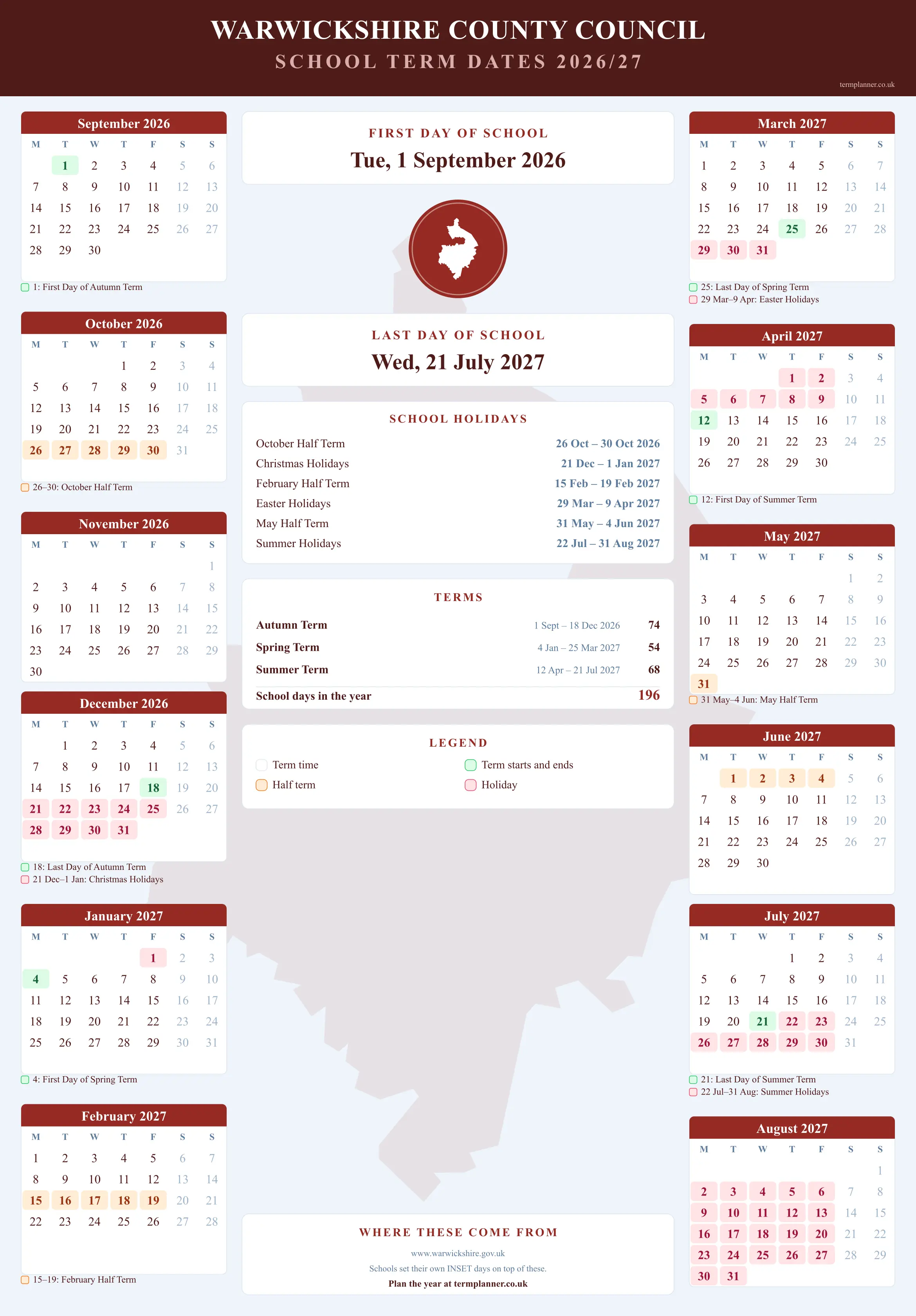 Warwickshire County Council’s 2026/27 school year drawn as a wall calendar: all twelve months from September to August, with autumn term 1 September to 18 December 2026, spring term 4 January to 25 March 2027, summer term 12 April to 21 July 2027. Half terms, holidays and bank holidays are shaded, and each month's dates listed underneath it in words.