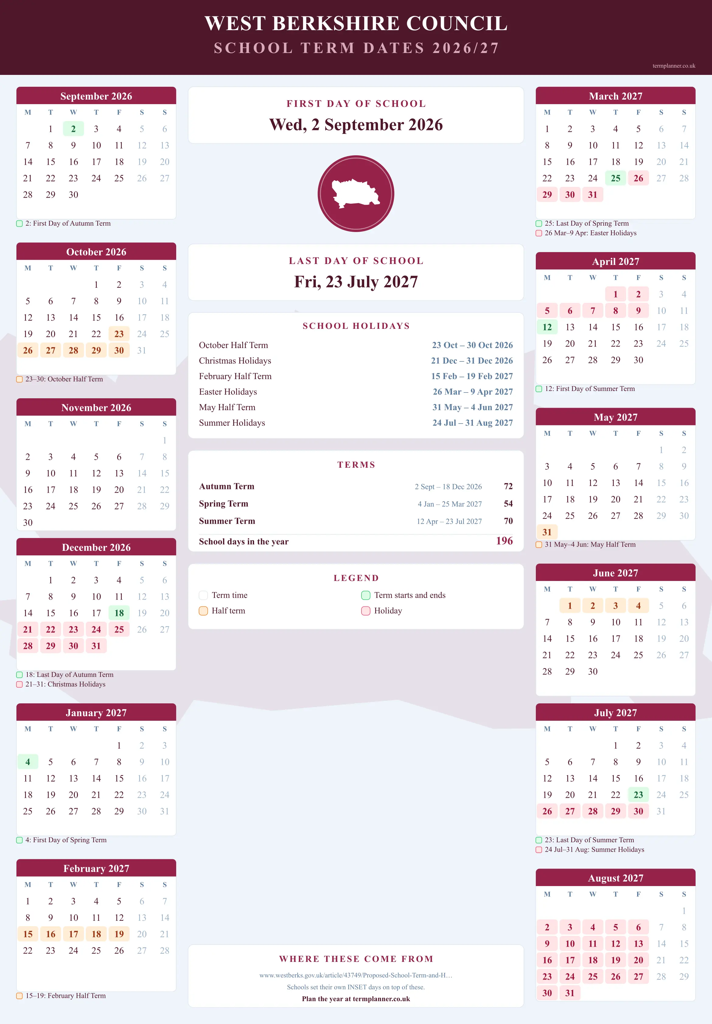 West Berkshire Council’s 2026/27 school year drawn as a wall calendar: all twelve months from September to August, with autumn term 2 September to 18 December 2026, spring term 4 January to 25 March 2027, summer term 12 April to 23 July 2027. Half terms, holidays and bank holidays are shaded, and each month's dates listed underneath it in words.