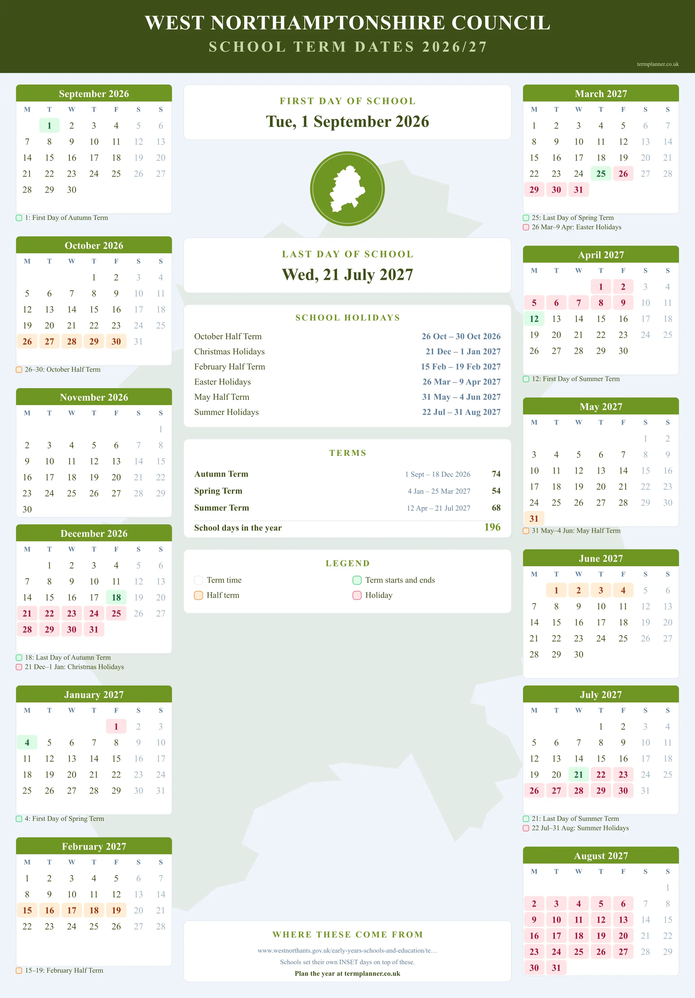 West Northamptonshire Council’s 2026/27 school year drawn as a wall calendar: all twelve months from September to August, with autumn term 1 September to 18 December 2026, spring term 4 January to 25 March 2027, summer term 12 April to 21 July 2027. Half terms, holidays and bank holidays are shaded, and each month's dates listed underneath it in words.