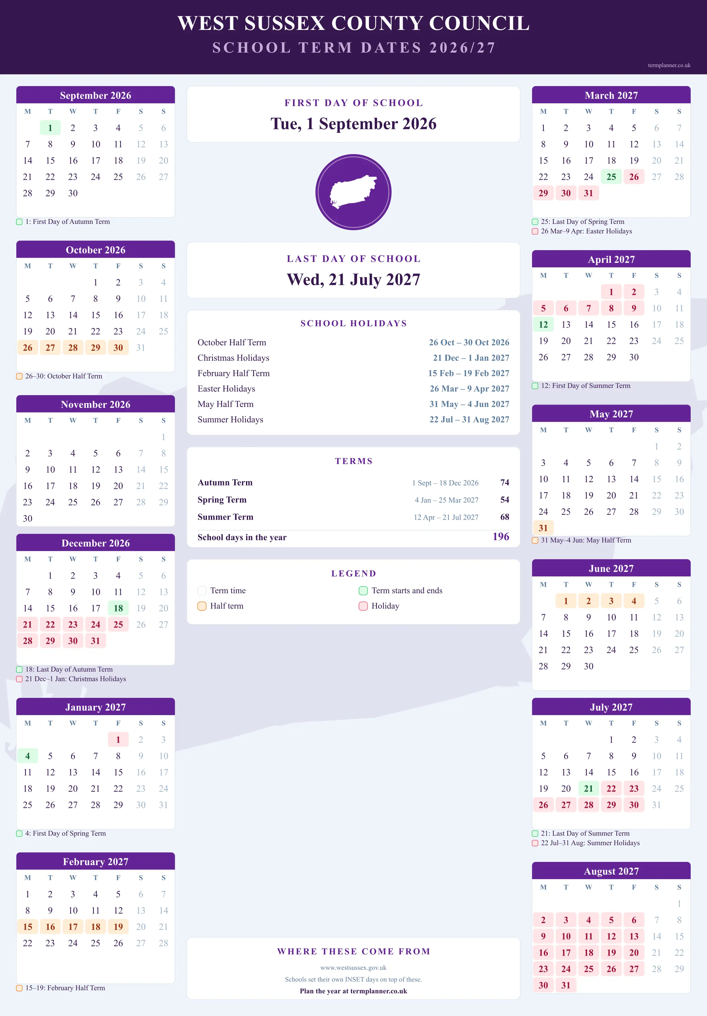 West Sussex County Council’s 2026/27 school year drawn as a wall calendar: all twelve months from September to August, with autumn term 1 September to 18 December 2026, spring term 4 January to 25 March 2027, summer term 12 April to 21 July 2027. Half terms, holidays and bank holidays are shaded, and each month's dates listed underneath it in words.