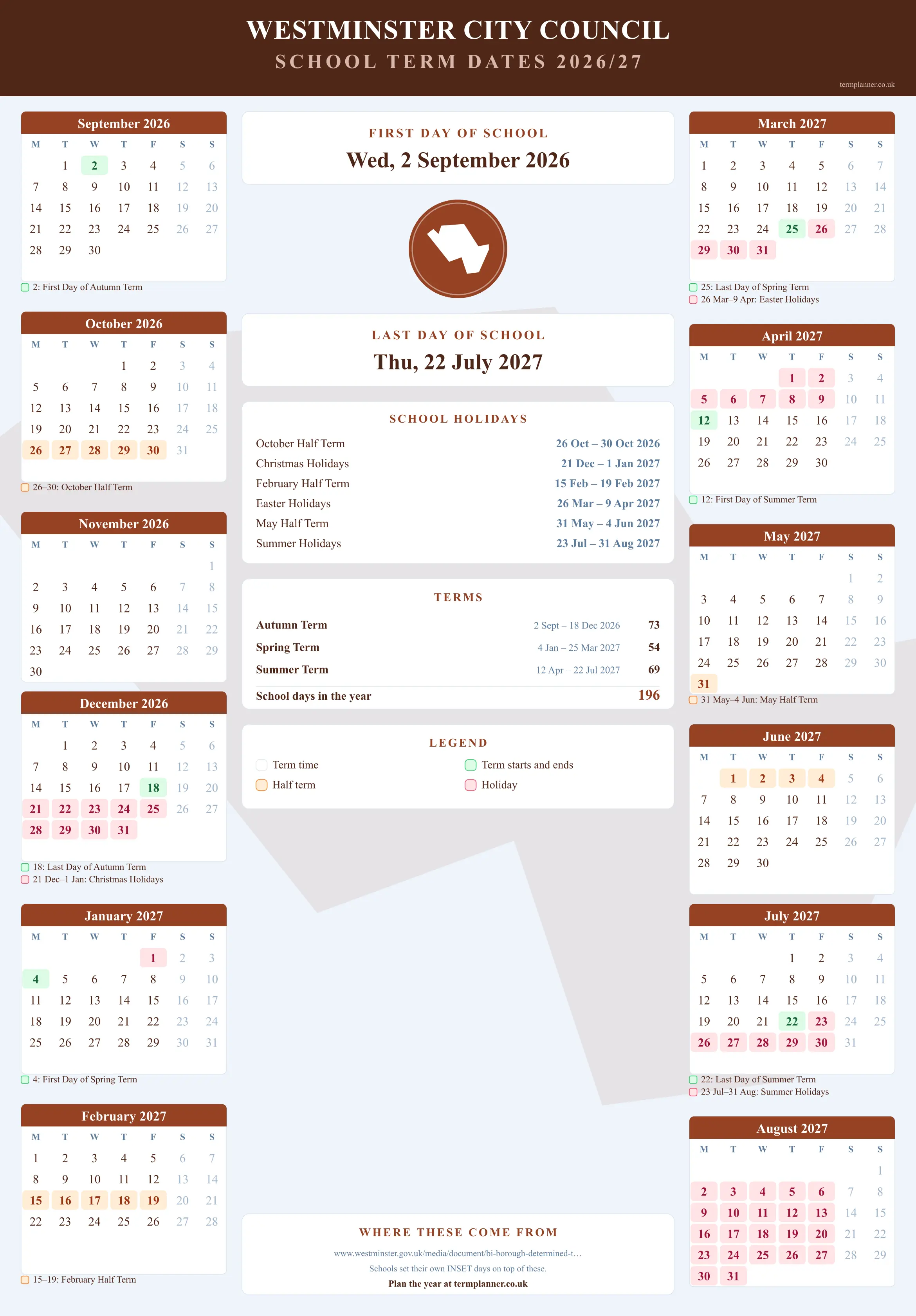Westminster City Council’s 2026/27 school year drawn as a wall calendar: all twelve months from September to August, with autumn term 2 September to 18 December 2026, spring term 4 January to 25 March 2027, summer term 12 April to 22 July 2027. Half terms, holidays and bank holidays are shaded, and each month's dates listed underneath it in words.