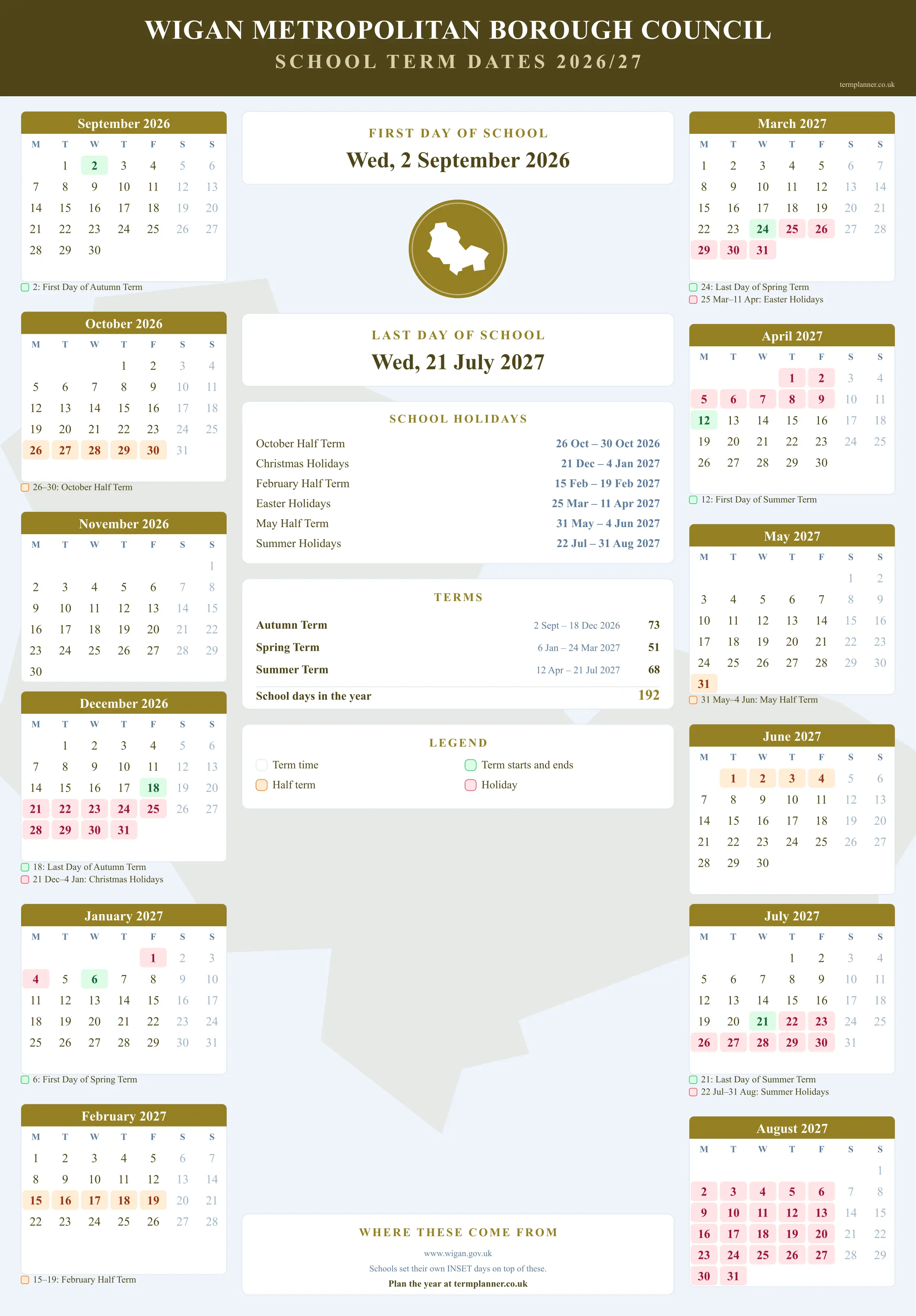 Wigan Metropolitan Borough Council’s 2026/27 school year drawn as a wall calendar: all twelve months from September to August, with autumn term 2 September to 18 December 2026, spring term 6 January to 24 March 2027, summer term 12 April to 21 July 2027. Half terms, holidays and bank holidays are shaded, and each month's dates listed underneath it in words.