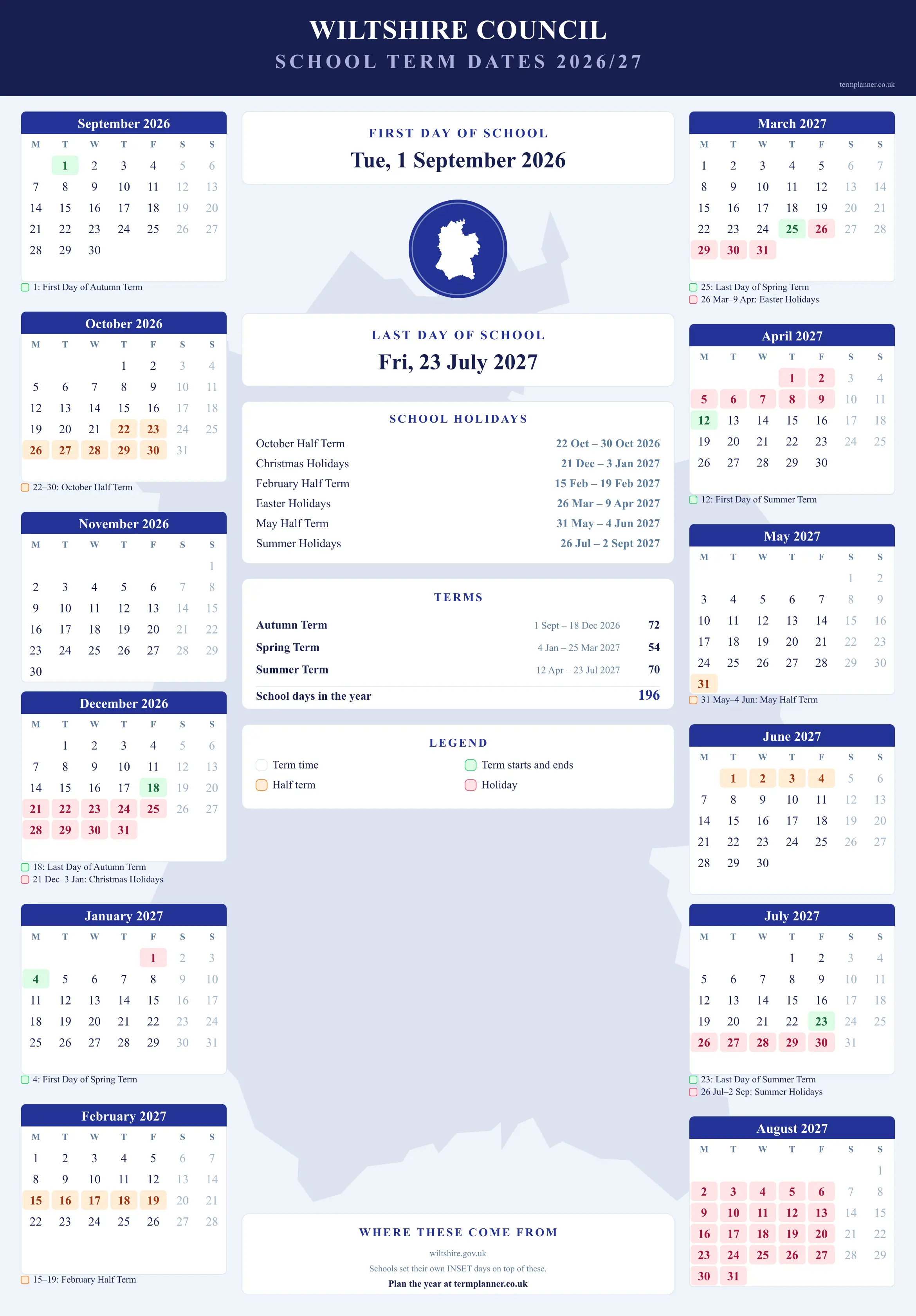 Wiltshire Council’s 2026/27 school year drawn as a wall calendar: all twelve months from September to August, with autumn term 1 September to 18 December 2026, spring term 4 January to 25 March 2027, summer term 12 April to 23 July 2027. Half terms, holidays and bank holidays are shaded, and each month's dates listed underneath it in words.