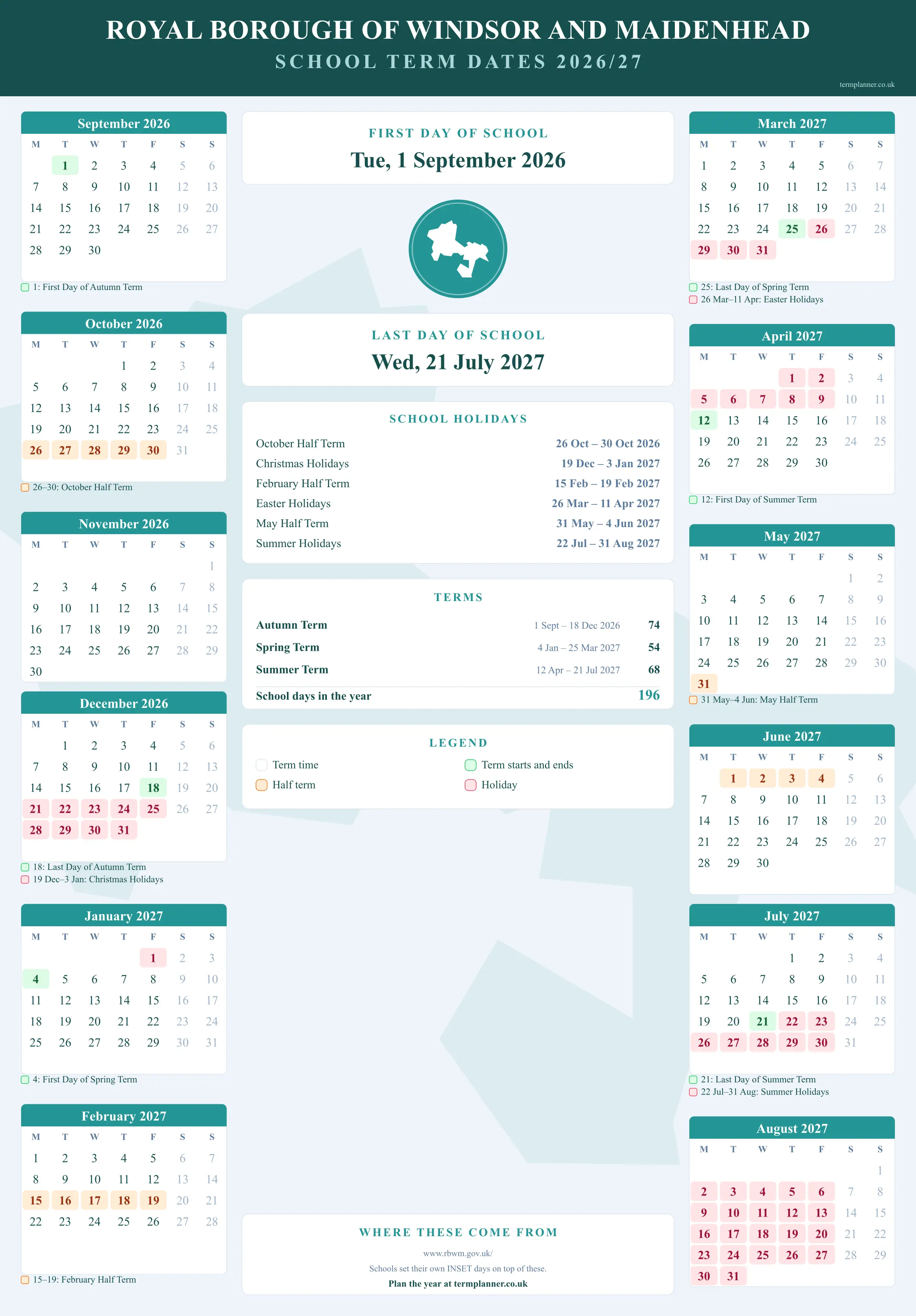 Royal Borough of Windsor and Maidenhead’s 2026/27 school year drawn as a wall calendar: all twelve months from September to August, with autumn term 1 September to 18 December 2026, spring term 4 January to 25 March 2027, summer term 12 April to 21 July 2027. Half terms, holidays and bank holidays are shaded, and each month's dates listed underneath it in words.
