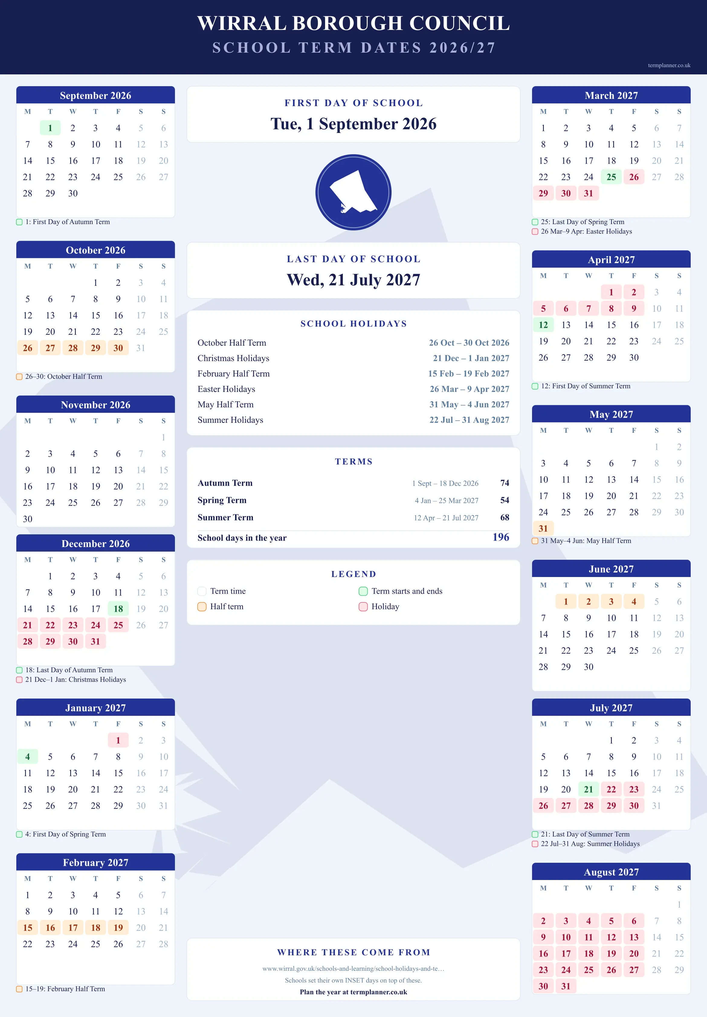 Wirral Borough Council’s 2026/27 school year drawn as a wall calendar: all twelve months from September to August, with autumn term 1 September to 18 December 2026, spring term 4 January to 25 March 2027, summer term 12 April to 21 July 2027. Half terms, holidays and bank holidays are shaded, and each month's dates listed underneath it in words.