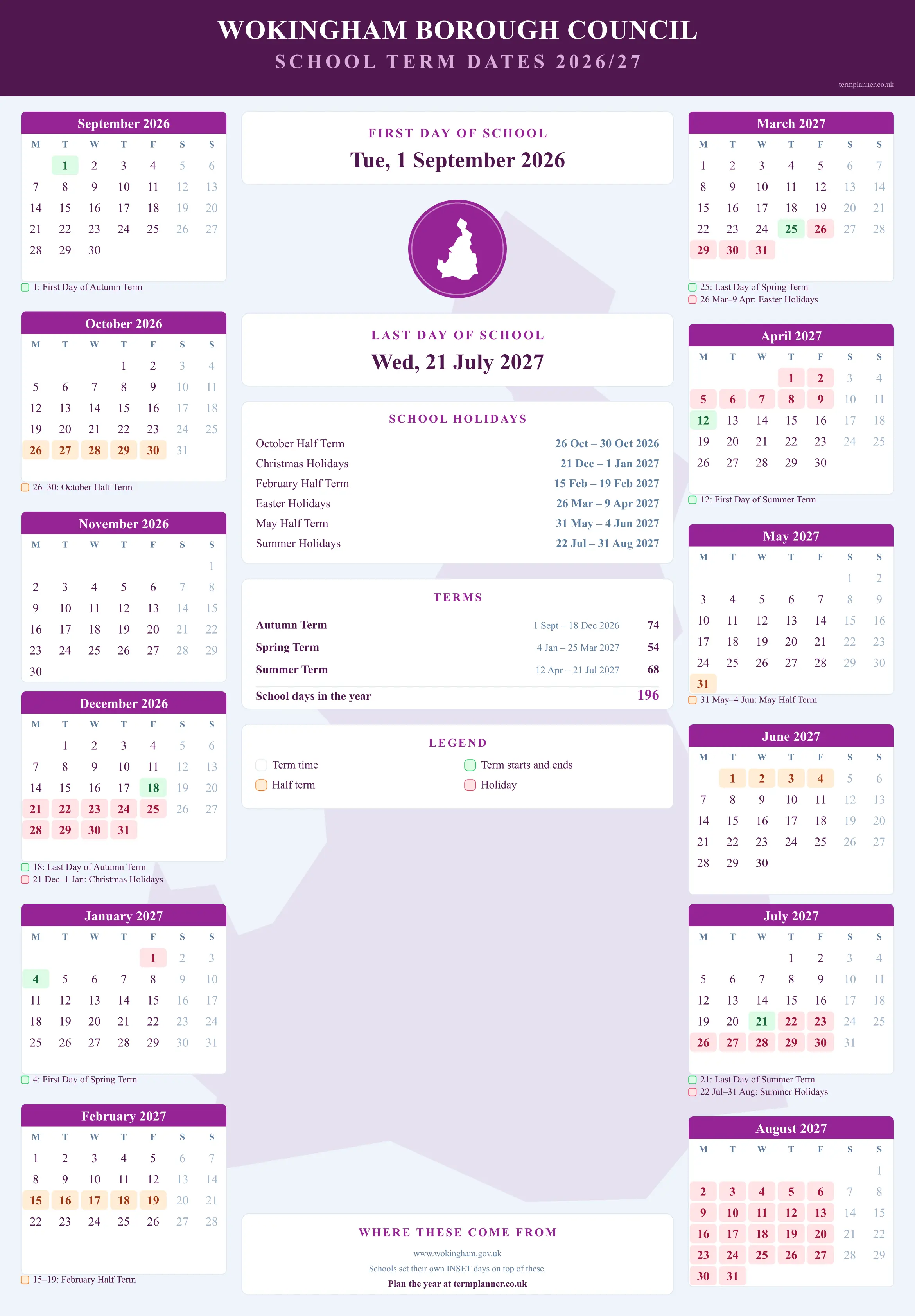 Wokingham Borough Council’s 2026/27 school year drawn as a wall calendar: all twelve months from September to August, with autumn term 1 September to 18 December 2026, spring term 4 January to 25 March 2027, summer term 12 April to 21 July 2027. Half terms, holidays and bank holidays are shaded, and each month's dates listed underneath it in words.
