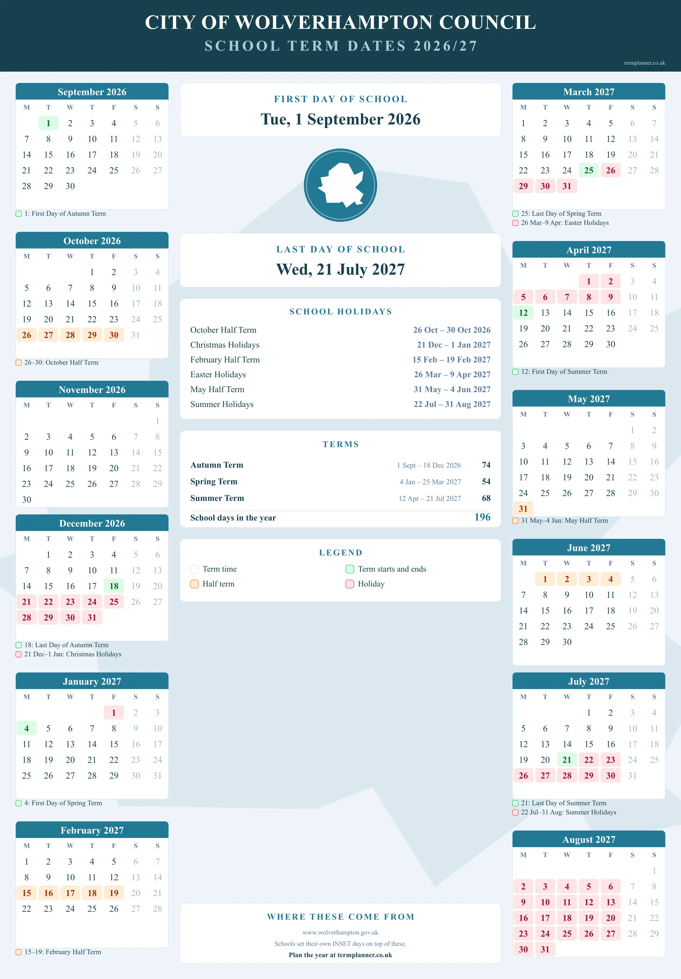 City of Wolverhampton Council’s 2026/27 school year drawn as a wall calendar: all twelve months from September to August, with autumn term 1 September to 18 December 2026, spring term 4 January to 25 March 2027, summer term 12 April to 21 July 2027. Half terms, holidays and bank holidays are shaded, and each month's dates listed underneath it in words.