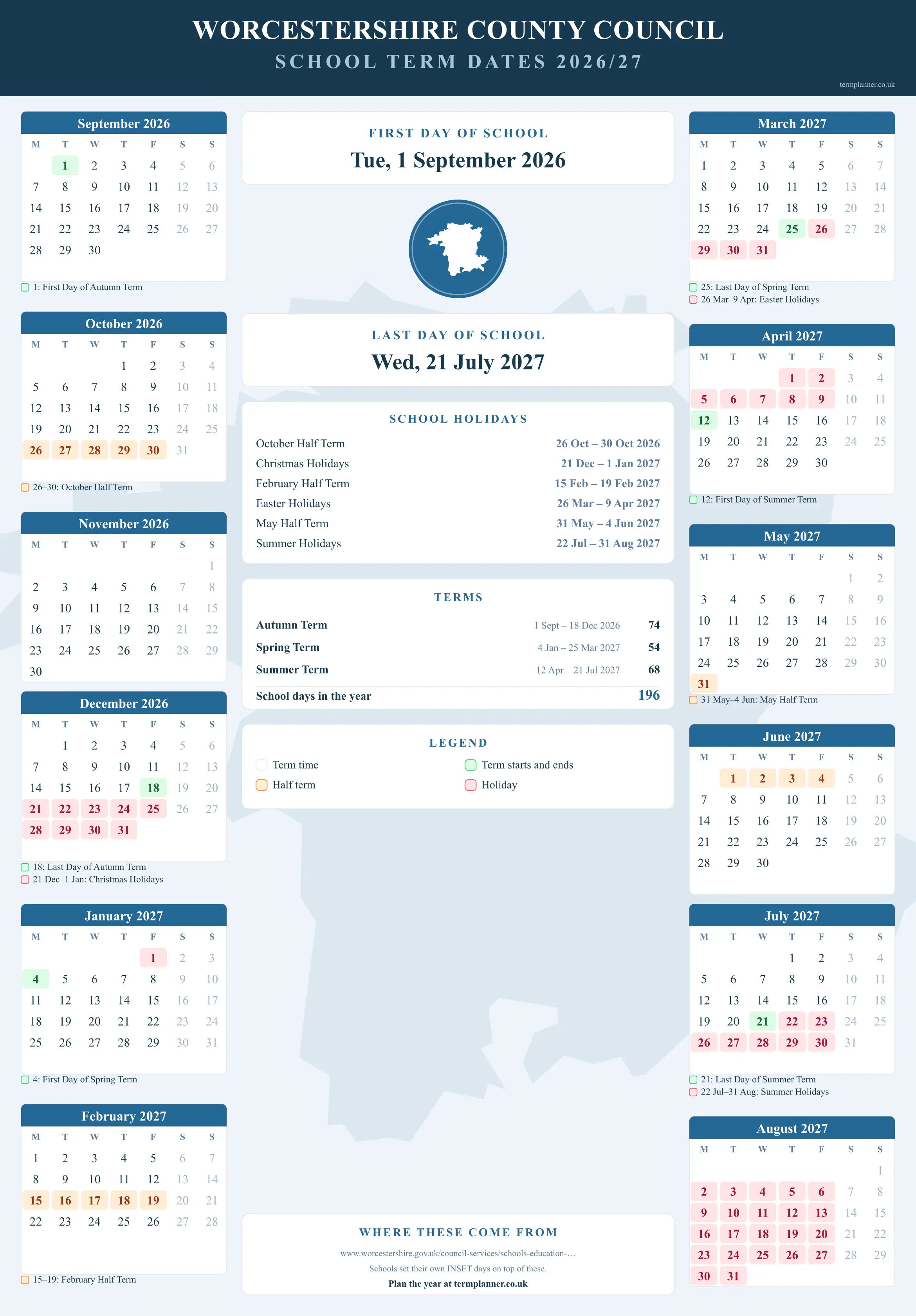 Worcestershire County Council’s 2026/27 school year drawn as a wall calendar: all twelve months from September to August, with autumn term 1 September to 18 December 2026, spring term 4 January to 25 March 2027, summer term 12 April to 21 July 2027. Half terms, holidays and bank holidays are shaded, and each month's dates listed underneath it in words.