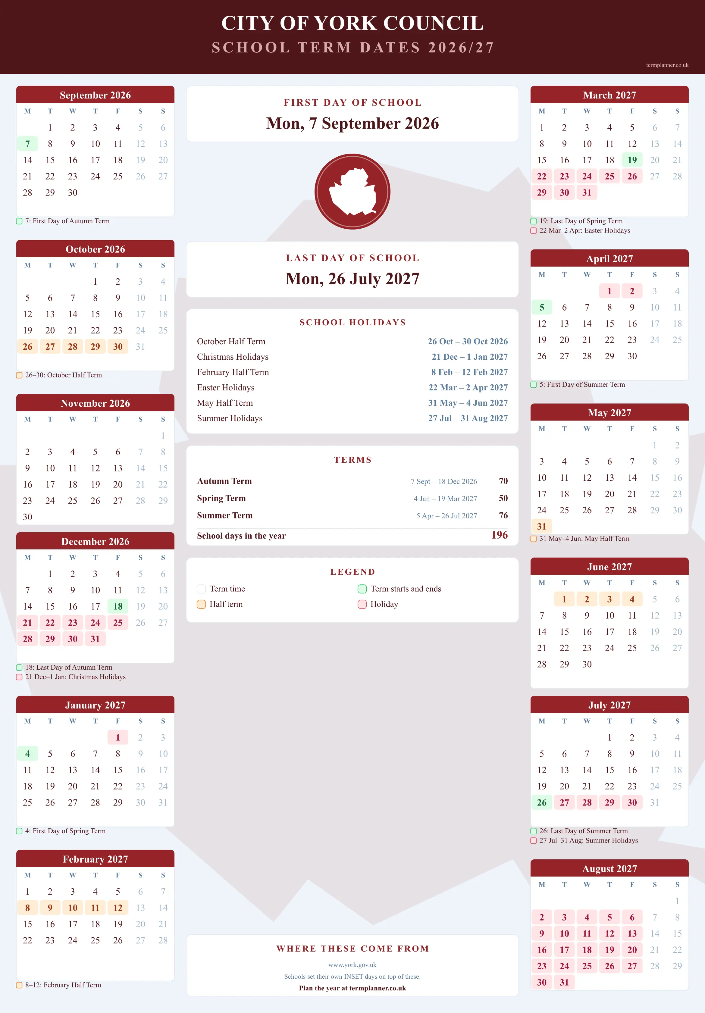 City of York Council’s 2026/27 school year drawn as a wall calendar: all twelve months from September to August, with autumn term 7 September to 18 December 2026, spring term 4 January to 19 March 2027, summer term 5 April to 26 July 2027. Half terms, holidays and bank holidays are shaded, and each month's dates listed underneath it in words.