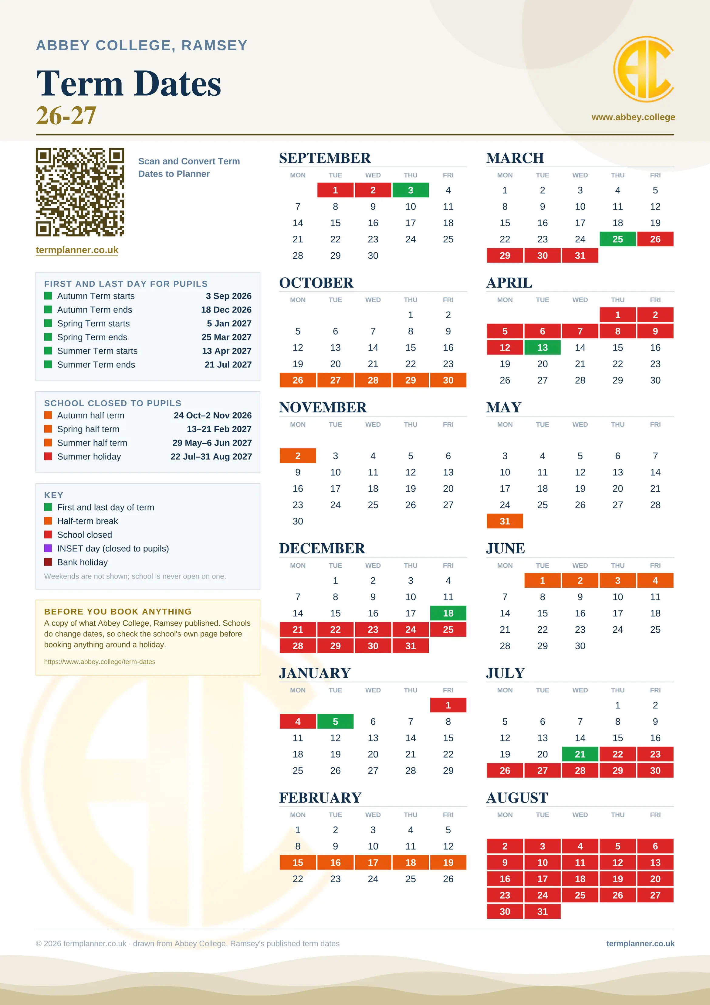 Abbey College, Ramsey’s 2026/27 school year drawn as one sheet: twelve month grids from September to August, Monday to Friday, with autumn term 3 September to 18 December 2026, spring term 5 January to 25 March 2027, summer term 13 April to 21 July 2027. Half terms, holidays and bank holidays are filled in colour, the first and last day of each term is marked, and every date is listed again in words down the left.