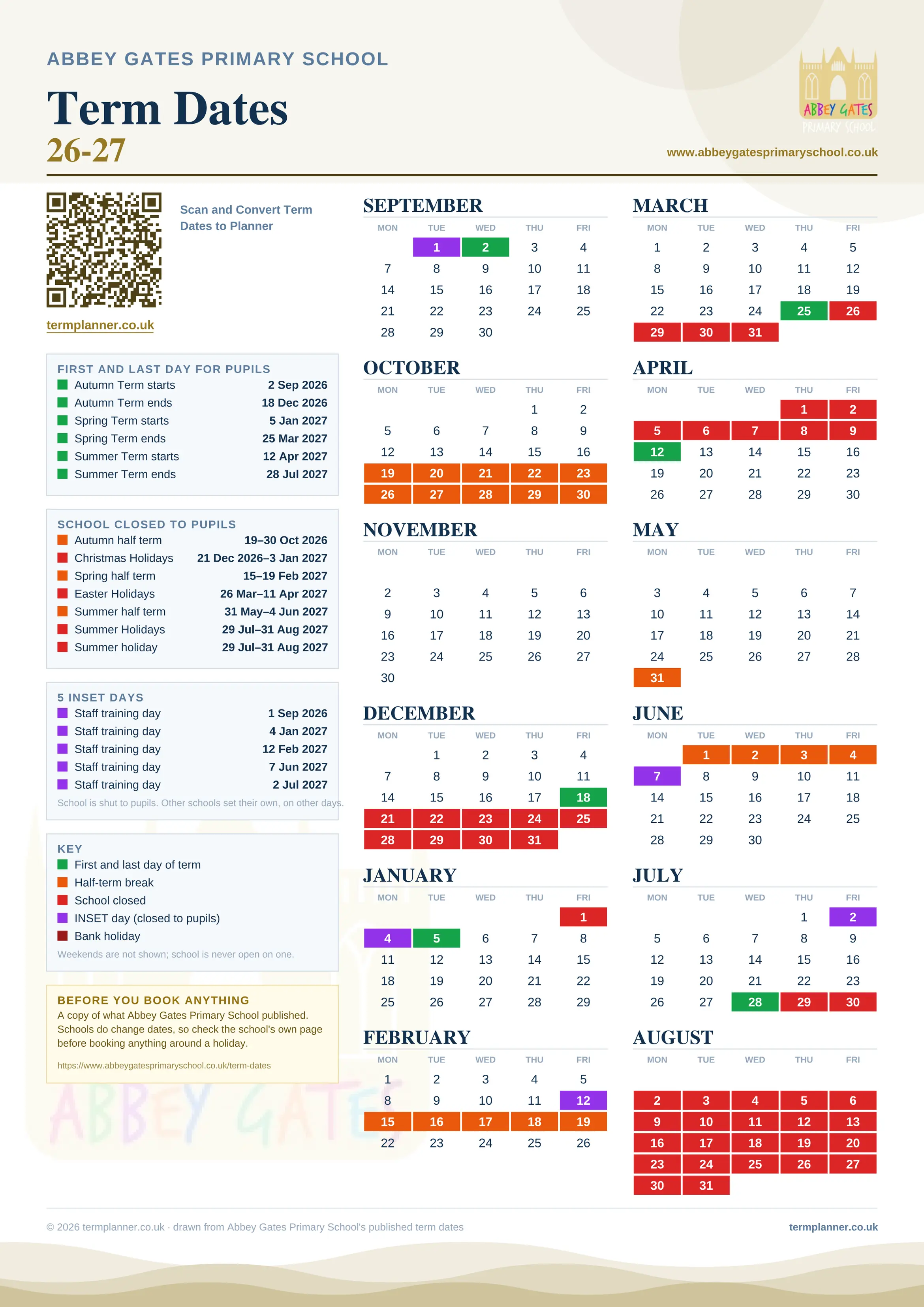 Abbey Gates Primary School’s 2026/27 school year drawn as one sheet: twelve month grids from September to August, Monday to Friday, with autumn term 2 September to 18 December 2026, spring term 5 January to 25 March 2027, summer term 12 April to 28 July 2027. Half terms, holidays and bank holidays are filled in colour, the first and last day of each term is marked, 5 INSET days are picked out, and every date is listed again in words down the left.