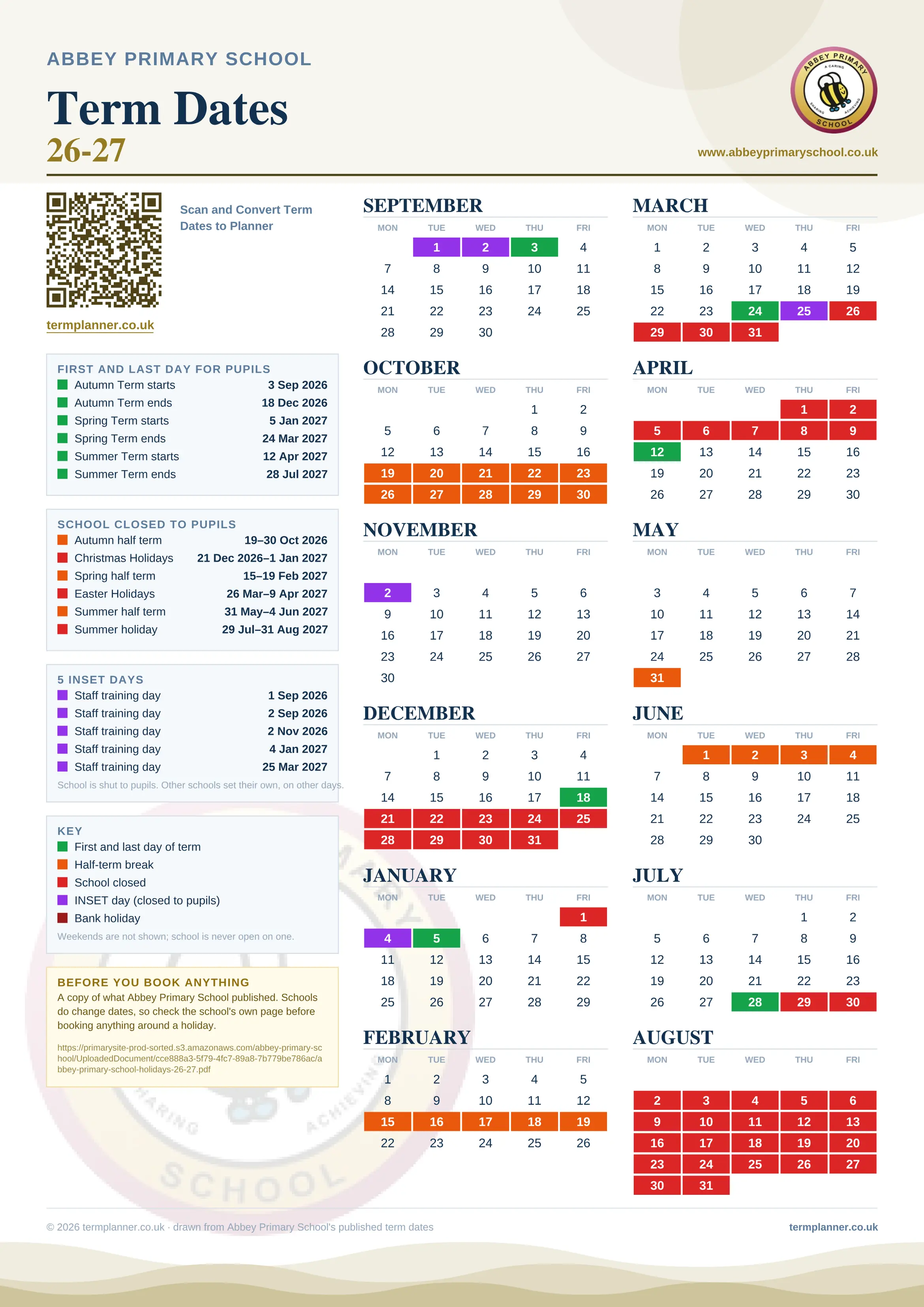 Abbey Primary School’s 2026/27 school year drawn as one sheet: twelve month grids from September to August, Monday to Friday, with autumn term 3 September to 18 December 2026, spring term 5 January to 24 March 2027, summer term 12 April to 28 July 2027. Half terms, holidays and bank holidays are filled in colour, the first and last day of each term is marked, 5 INSET days are picked out, and every date is listed again in words down the left.