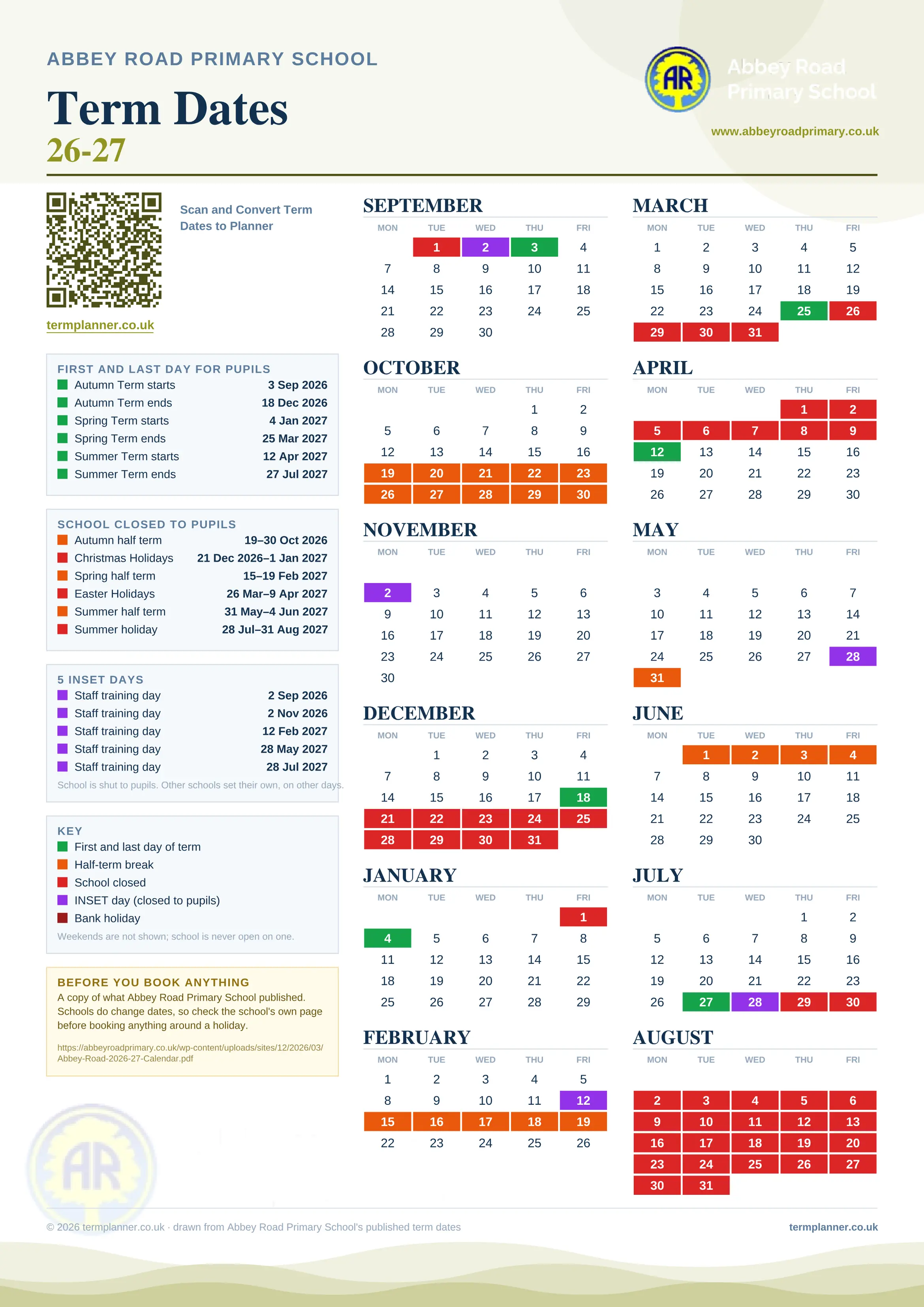 Abbey Road Primary School’s 2026/27 school year drawn as one sheet: twelve month grids from September to August, Monday to Friday, with autumn term 3 September to 18 December 2026, spring term 4 January to 25 March 2027, summer term 12 April to 27 July 2027. Half terms, holidays and bank holidays are filled in colour, the first and last day of each term is marked, 5 INSET days are picked out, and every date is listed again in words down the left.