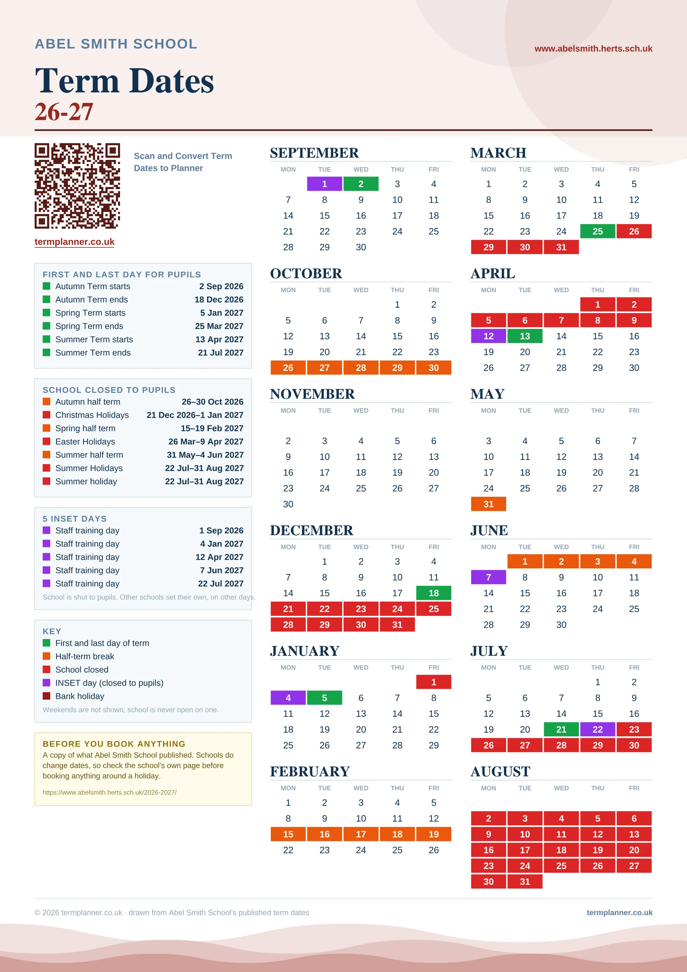 Abel Smith School’s 2026/27 school year drawn as one sheet: twelve month grids from September to August, Monday to Friday, with autumn term 2 September to 18 December 2026, spring term 5 January to 25 March 2027, summer term 13 April to 21 July 2027. Half terms, holidays and bank holidays are filled in colour, the first and last day of each term is marked, 5 INSET days are picked out, and every date is listed again in words down the left.