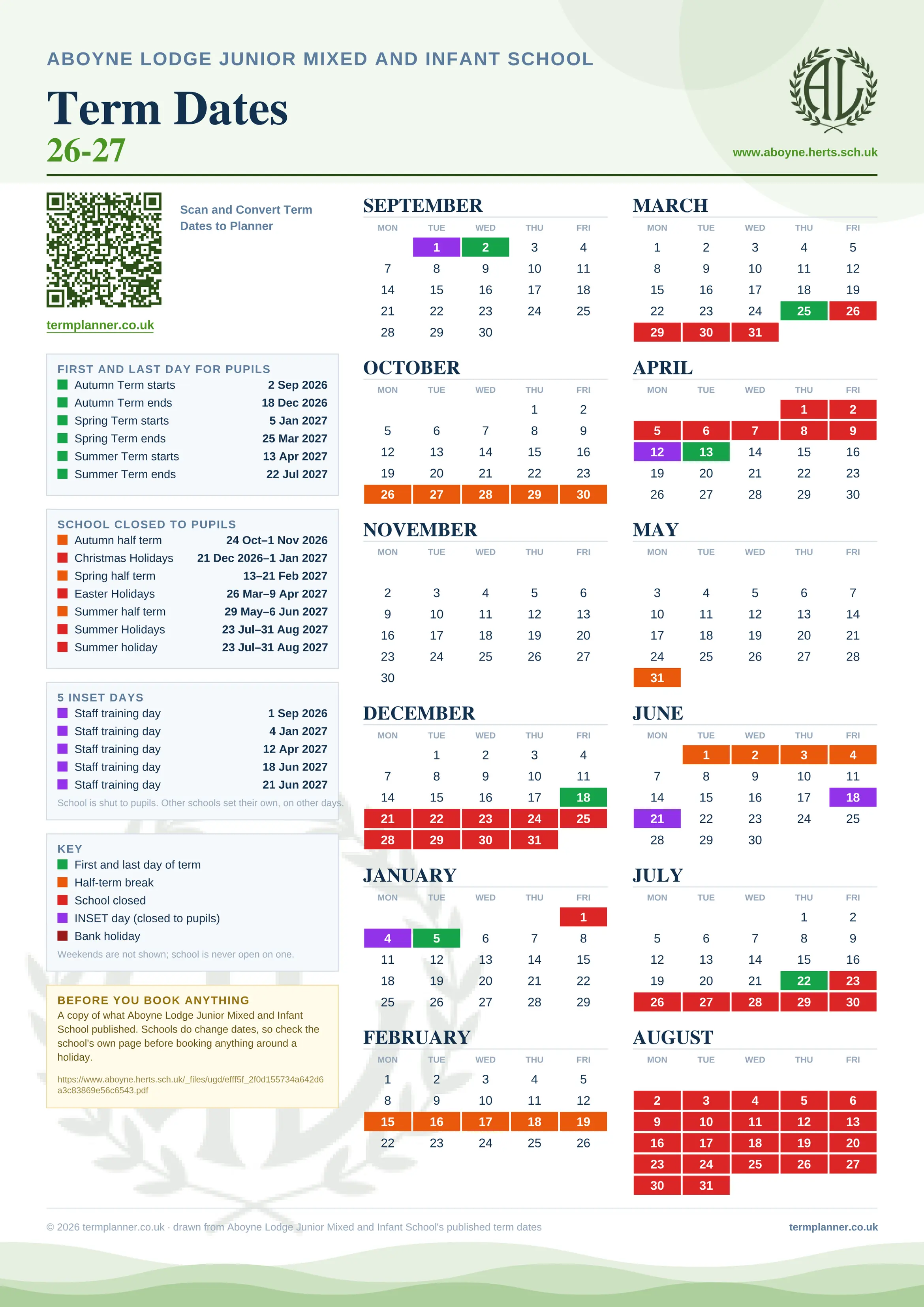 Aboyne Lodge Junior Mixed and Infant School’s 2026/27 school year drawn as one sheet: twelve month grids from September to August, Monday to Friday, with autumn term 2 September to 18 December 2026, spring term 5 January to 25 March 2027, summer term 13 April to 22 July 2027. Half terms, holidays and bank holidays are filled in colour, the first and last day of each term is marked, 5 INSET days are picked out, and every date is listed again in words down the left.