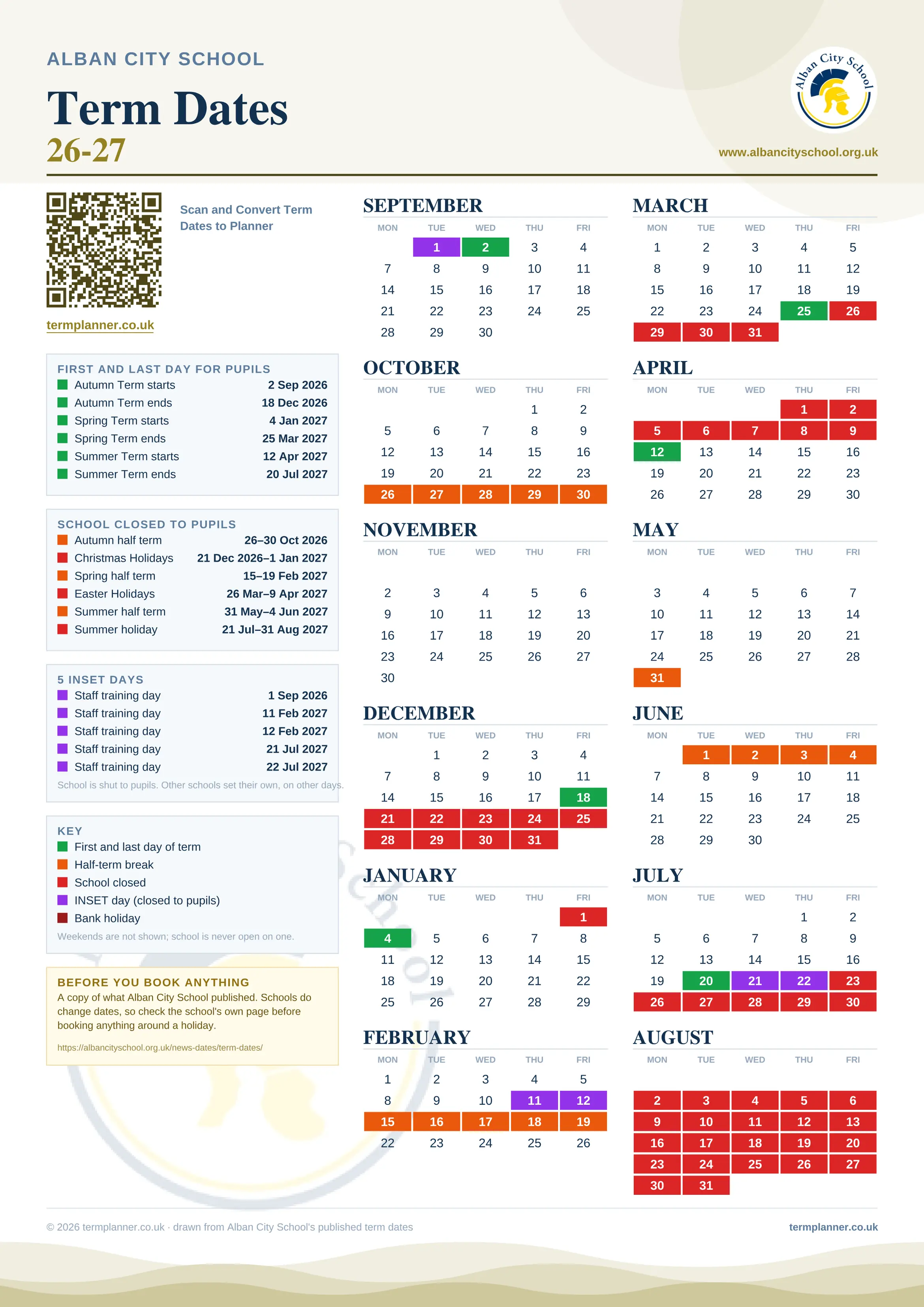 Alban City School’s 2026/27 school year drawn as one sheet: twelve month grids from September to August, Monday to Friday, with autumn term 2 September to 18 December 2026, spring term 4 January to 25 March 2027, summer term 12 April to 20 July 2027. Half terms, holidays and bank holidays are filled in colour, the first and last day of each term is marked, 5 INSET days are picked out, and every date is listed again in words down the left.