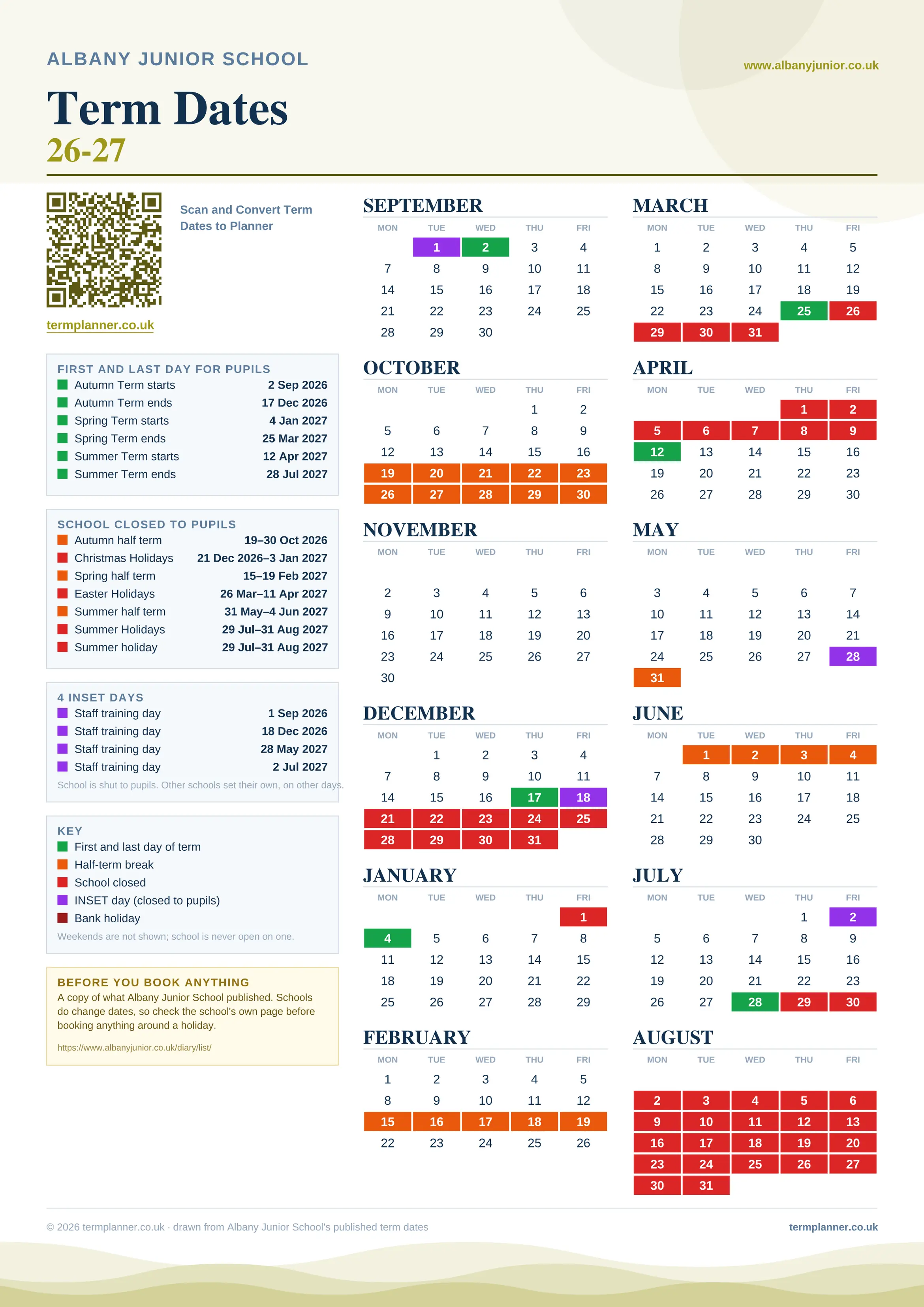 Albany Junior School’s 2026/27 school year drawn as one sheet: twelve month grids from September to August, Monday to Friday, with autumn term 2 September to 17 December 2026, spring term 4 January to 25 March 2027, summer term 12 April to 28 July 2027. Half terms, holidays and bank holidays are filled in colour, the first and last day of each term is marked, 4 INSET days are picked out, and every date is listed again in words down the left.
