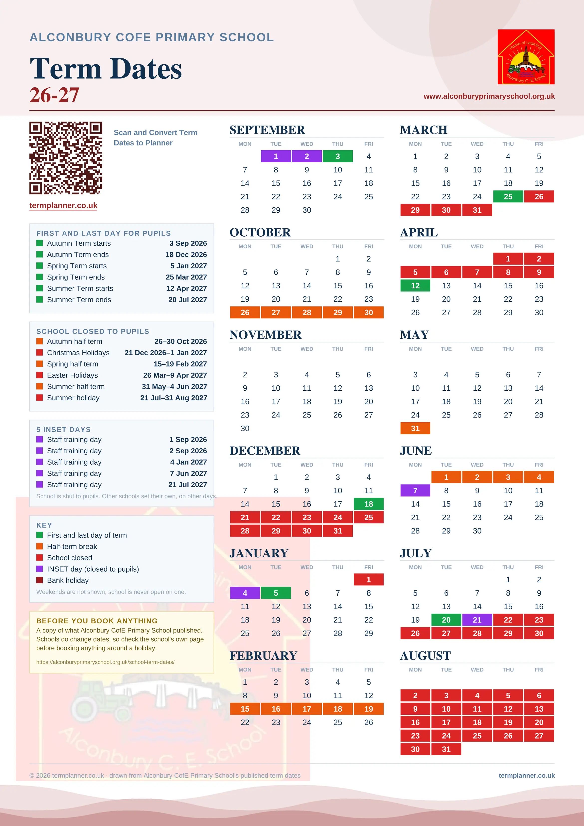 Alconbury CofE Primary School’s 2026/27 school year drawn as one sheet: twelve month grids from September to August, Monday to Friday, with autumn term 3 September to 18 December 2026, spring term 5 January to 25 March 2027, summer term 12 April to 20 July 2027. Half terms, holidays and bank holidays are filled in colour, the first and last day of each term is marked, 5 INSET days are picked out, and every date is listed again in words down the left.