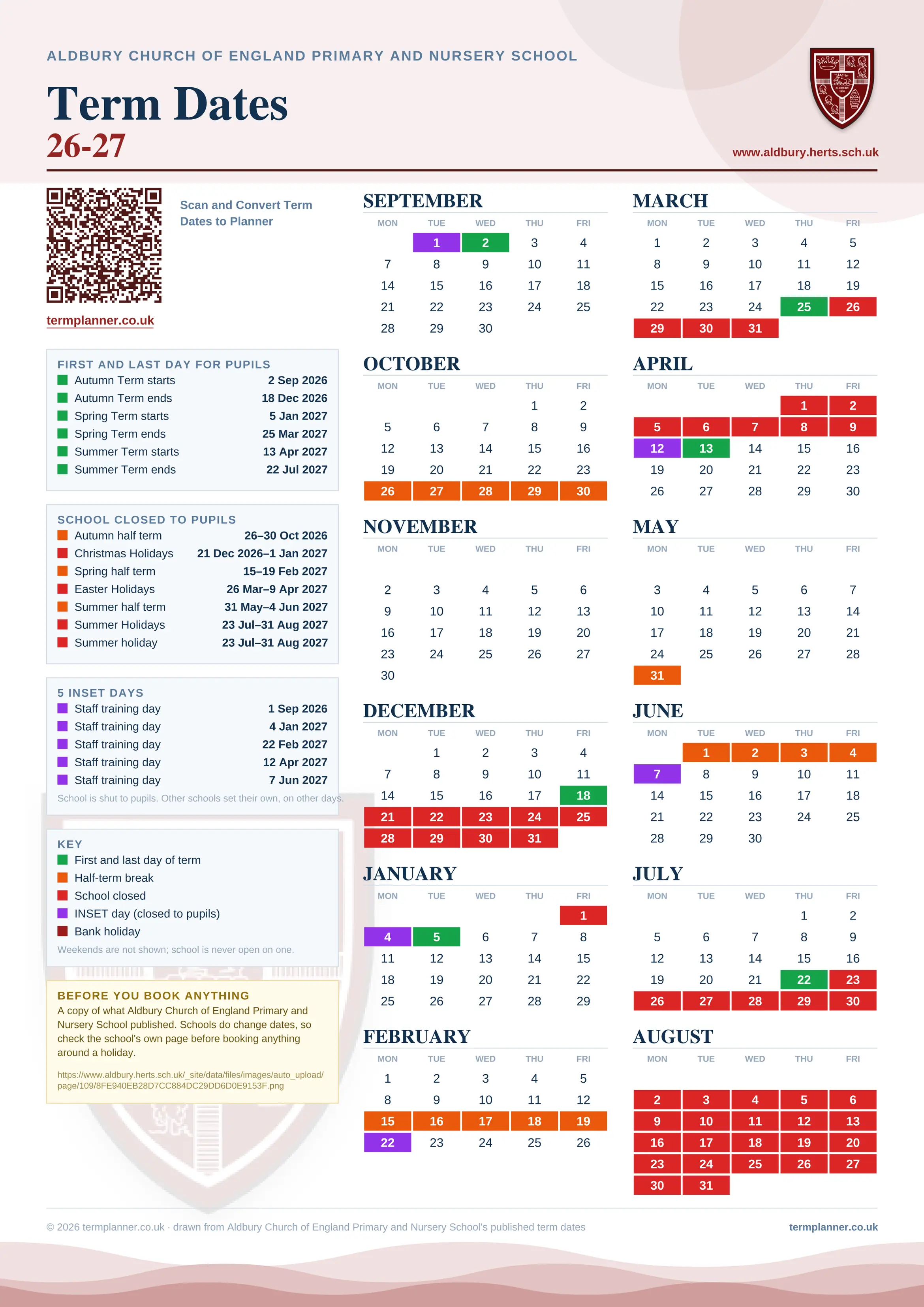 Aldbury Church of England Primary and Nursery School’s 2026/27 school year drawn as one sheet: twelve month grids from September to August, Monday to Friday, with autumn term 2 September to 18 December 2026, spring term 5 January to 25 March 2027, summer term 13 April to 22 July 2027. Half terms, holidays and bank holidays are filled in colour, the first and last day of each term is marked, 5 INSET days are picked out, and every date is listed again in words down the left.