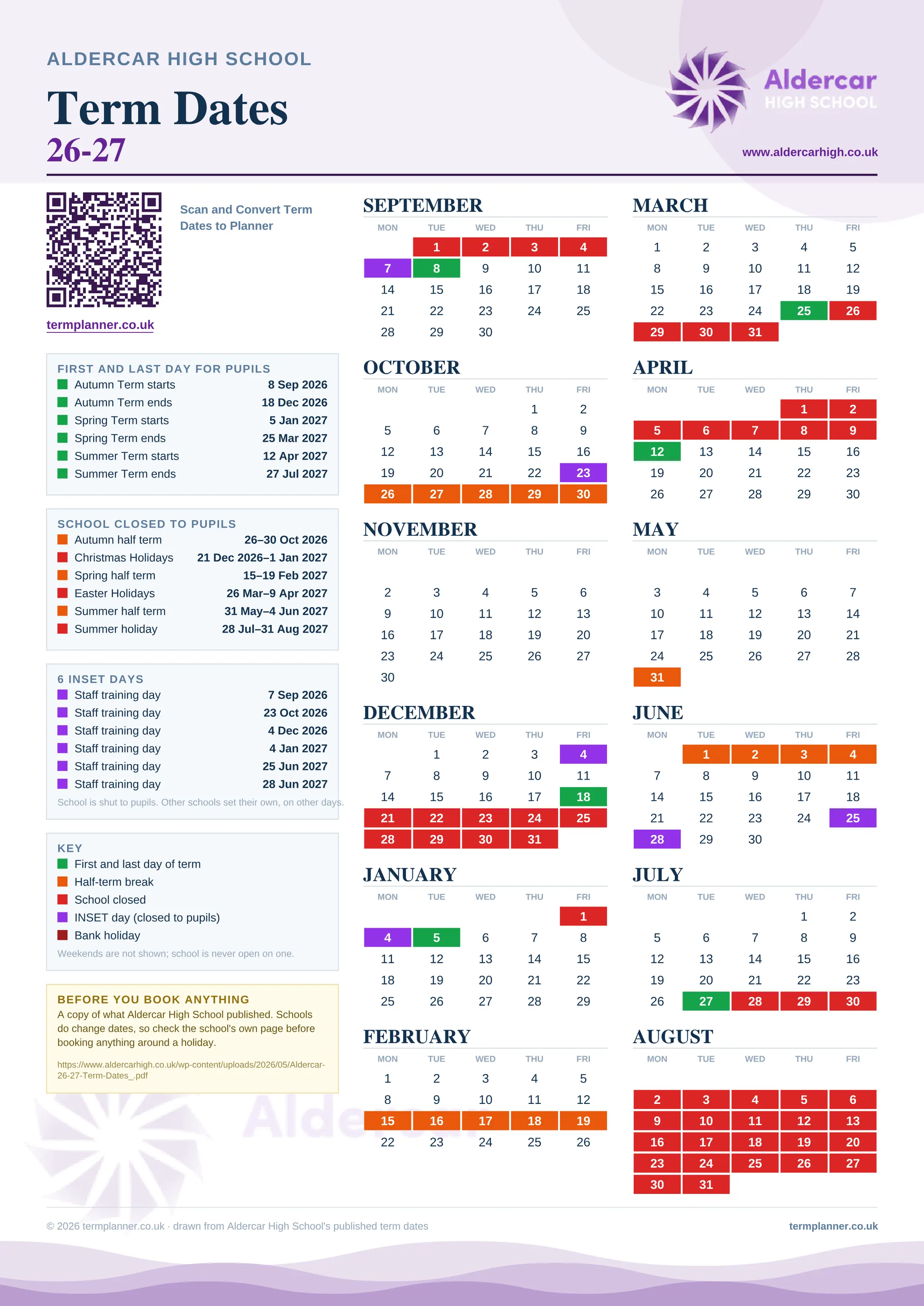 Aldercar High School’s 2026/27 school year drawn as one sheet: twelve month grids from September to August, Monday to Friday, with autumn term 8 September to 18 December 2026, spring term 5 January to 25 March 2027, summer term 12 April to 27 July 2027. Half terms, holidays and bank holidays are filled in colour, the first and last day of each term is marked, 6 INSET days are picked out, and every date is listed again in words down the left.